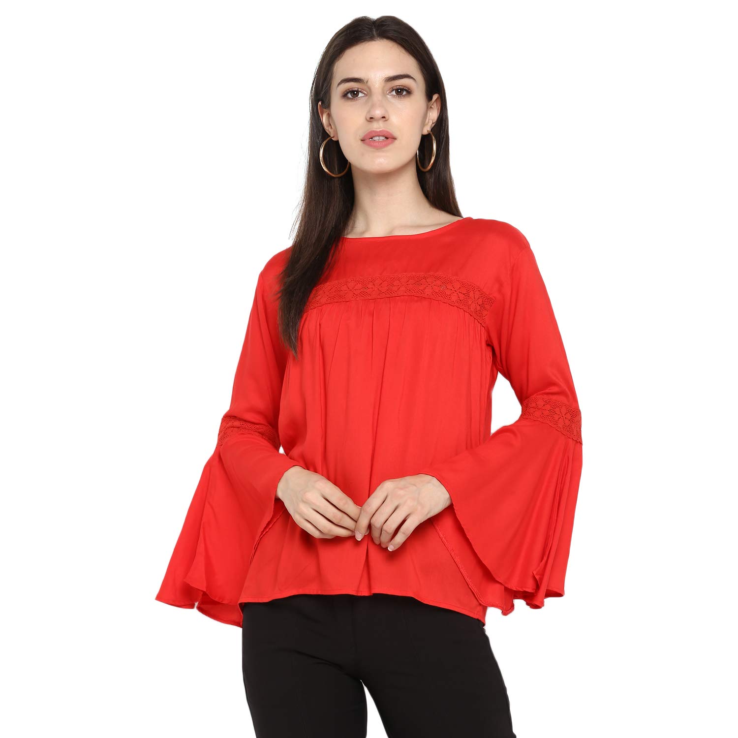 indietoga Women's Red Solid Rayon Bell Sleeves Tops (X-Small to Plus Sizes 7XL)-picture-14