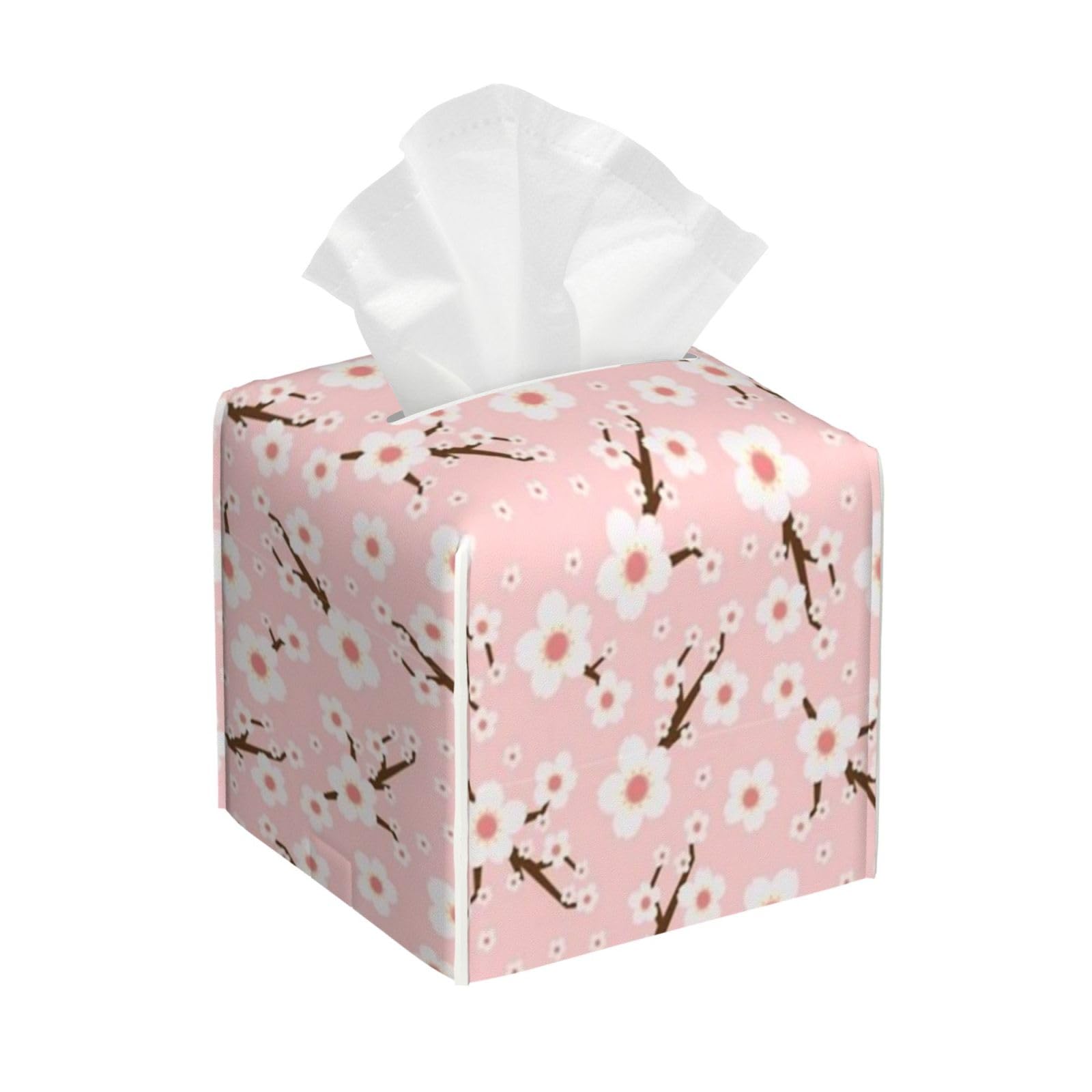 Cherry Blossom Flowers Tissue Box Cover 5" Square Leather Tissue Holder Facial Tissue Case for Tabletop Bedroom Bathroom Desk Decor