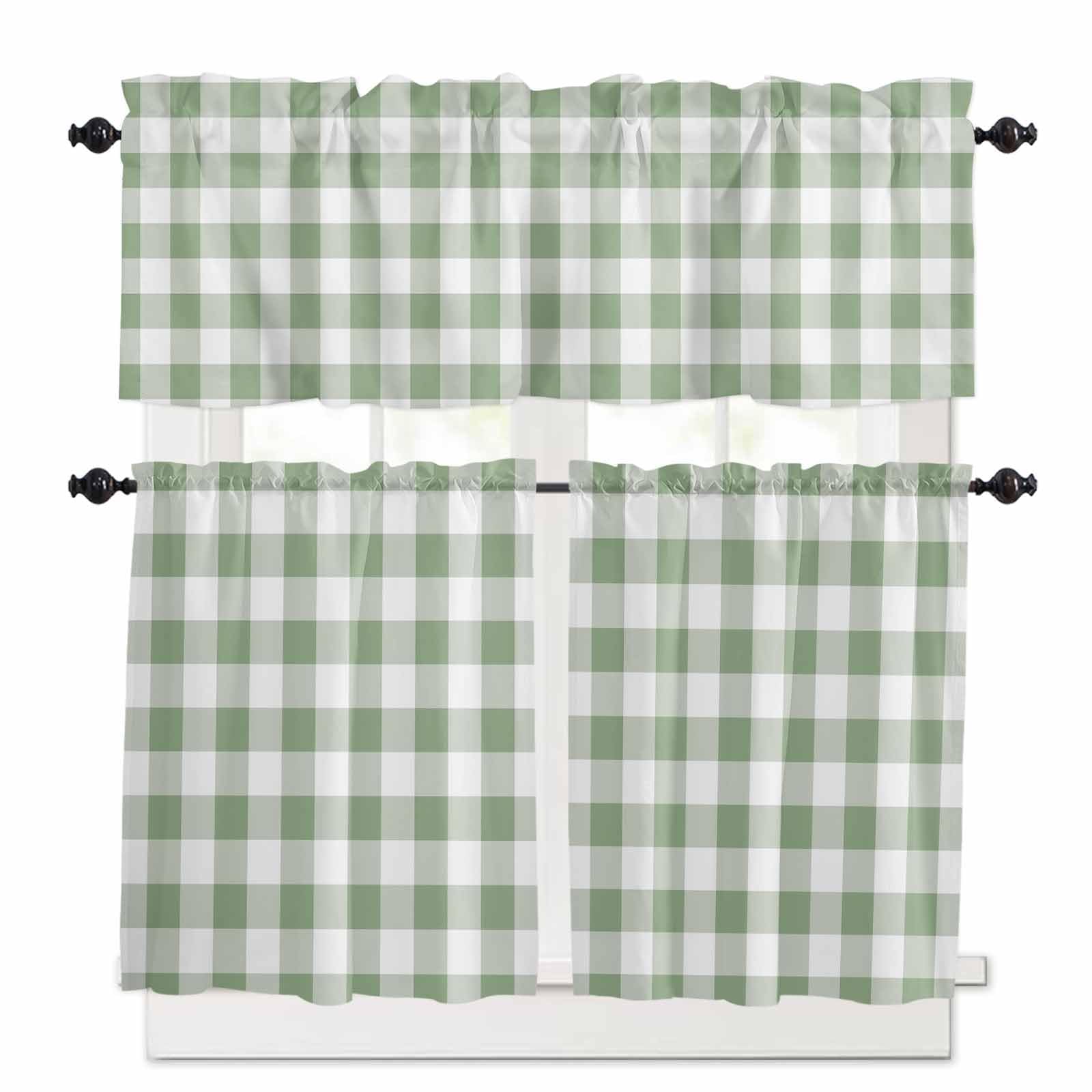 Sage Green Checkered Kitchen Curtains 24 Inch Length, 3 Piece Rod Pocket Small Half Tiers and Valance Set, Farmhouse Buffalo Plaid Small Large Window Treatment Decor for Bedroom/Bathroom Sink