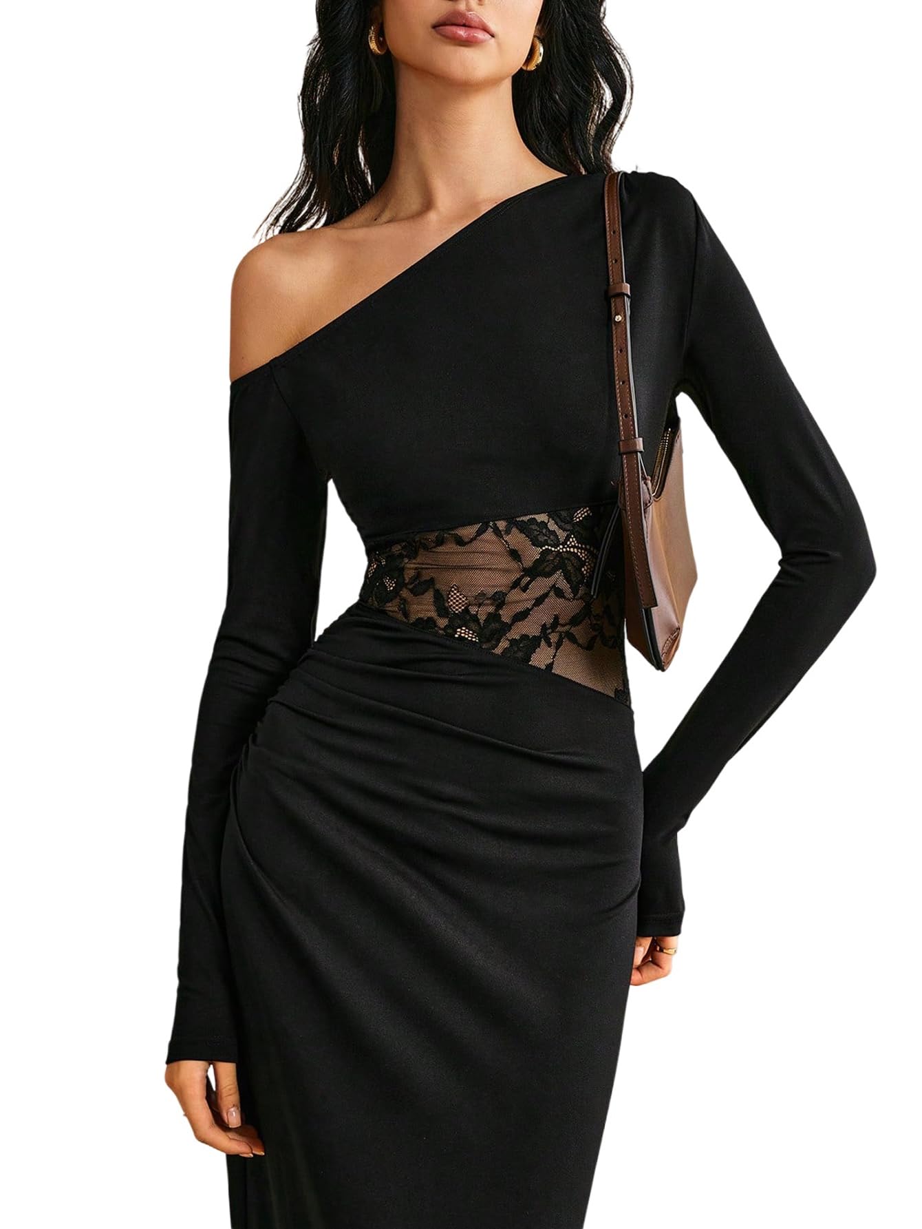 SweatyRocks Maxikleid Damen Elegant Langarm Off Shoulder Kleid Hochzeitsgast Spitzenkleid Bodycon Kleid Mit Schlitz Partykleid Winterkleid