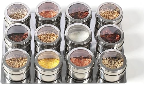 Miniatura 5 de MiOYOOW 12 tarros magnéticos para especias, recipientes de especias de acero inoxidable con parte superior transparente con base de soporte para