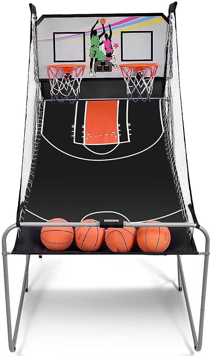 RELAX4LIFE Basketball Automat Elektronisch, Basketball Schießmaschine Klappbar, Baskeltballständer Doppelschuss mit 8 Spielmodi&Anzeigetafel, inkl. 2 Körben, 4 Bällen&Pumpe, Arcade Basketballspiele