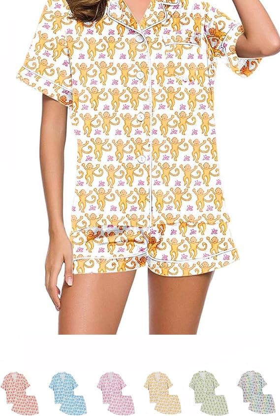 ENVGSOMP Womens Pajamas Set 2 Piece, Monkey Pyjama Pjs Girls Dress Nightgown Cute Animals Nightwear Lounge Y2k Sleepwear (yellow,Large) — image 1