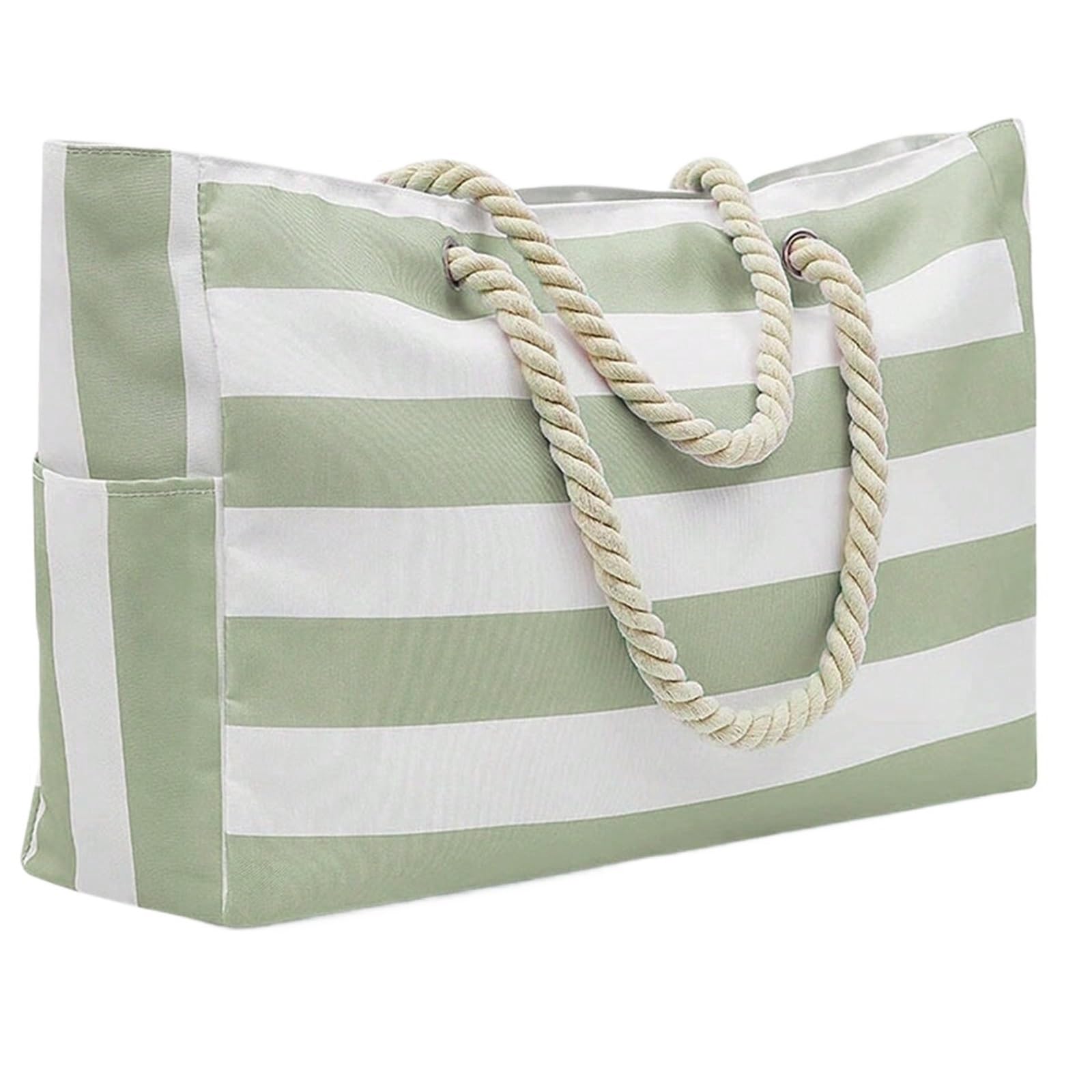 Bolsa De Playa Striped Canvas Summer Beach Bag, Large Capacity Shopping Bag Tote Bag For Travel,Ideal for Beach, Travel para Viajes A La Playa(Light Green)