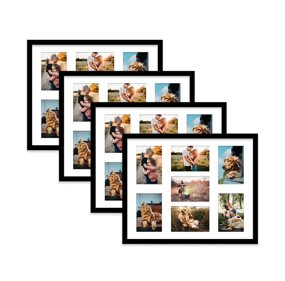 Black Multi Photo Frame - Holds 7 x 6x4 Pictures, Family Collage Picture Frame for Wall Display, 20x16 Frame size, Set of 4