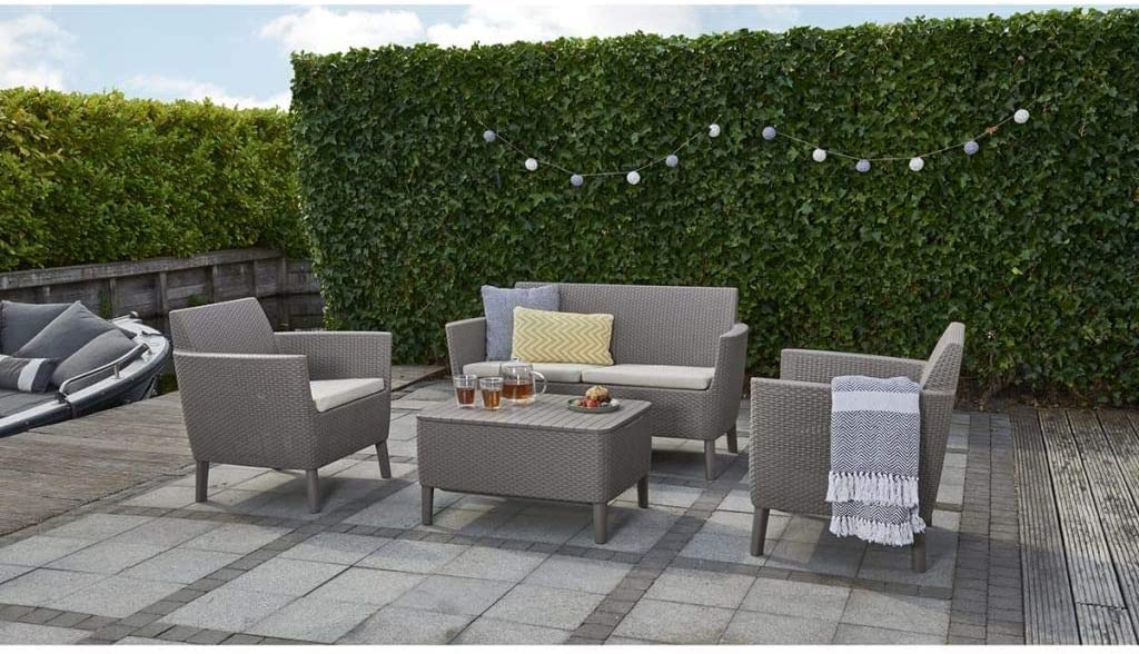 Keter Salemo Lounge Set, Set Mobili Da Giardino In Rattan Con Divano 2 Posti 2 Poltrone E Tavolino Porta Cuscini, Cappuccino