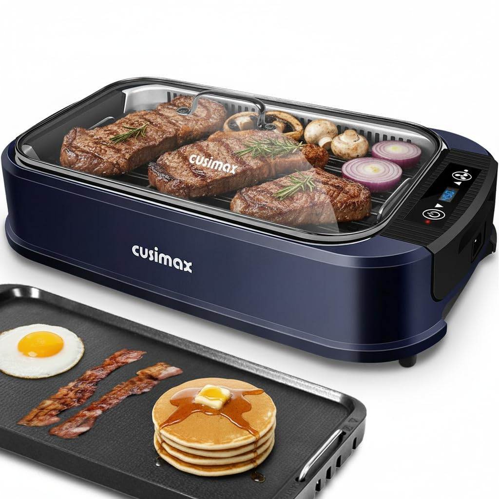 Electric Indoor Grill Griddle, CUSIMAX Smokeless Grill, Portable Korean BBQ with Turbo Smoke Extractor Technology, Non-stick Removable Plate & Griddle Plates