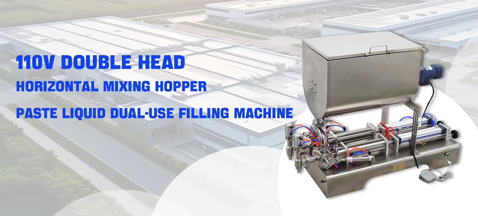 WYDDDARY Pneumatic Paste Liquid Filling Machine 100-1000ml with Horizontal Mixing Hopper Double Nozzles Liquid Paste Fill Machine for Liquids Pasty Fluid Oil