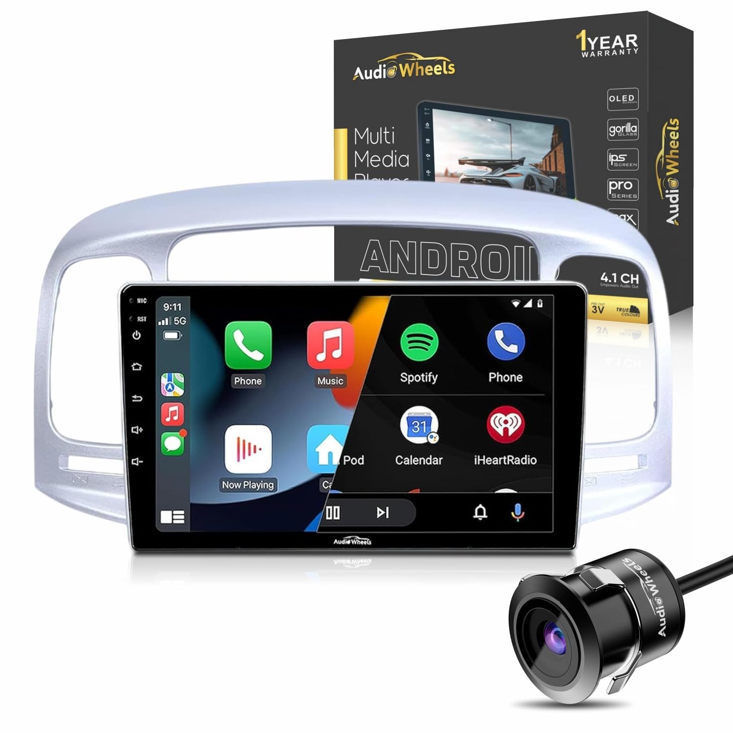 Audio Wheels Wireless CarPlay & Stereo Auto 9inch 1280P Car Android Display with Gorilla Glass | Android 13 | TS-9 Processor | 2GB & 32GB-Frame Included-AHD Camera (Hyundai Verna 2006)-image-30