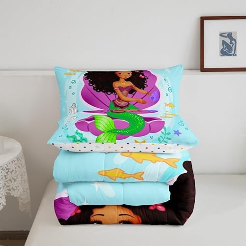 Miniatura 5 de Erosebridal Ropa de cama de sirena negra, edredón de niña negra, edredón con temática oceánica, conchas y estrellas de mar, juego de cama con