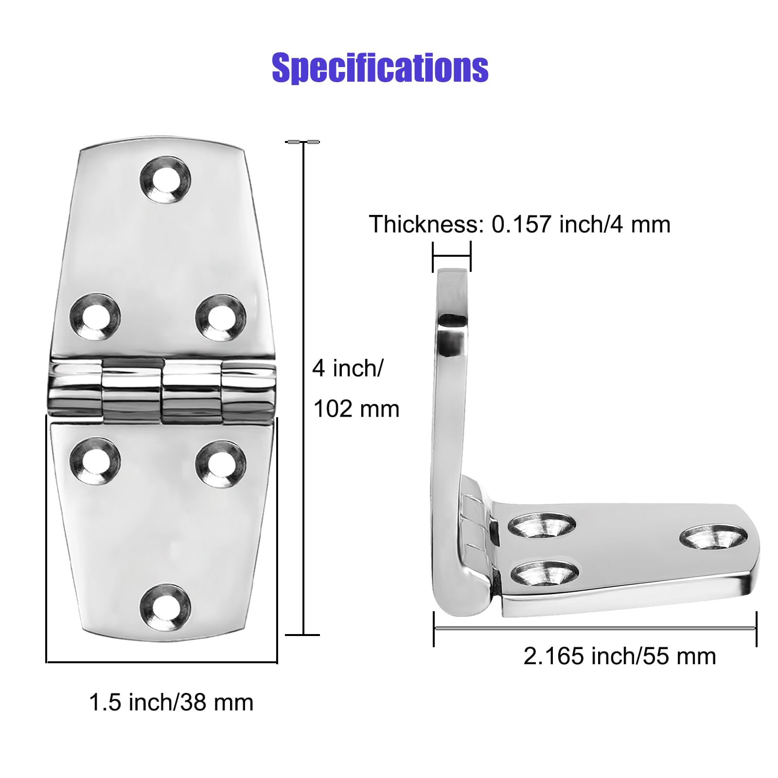 Wytrzymałe zawiasy do łodzi ze stali nierdzewnej, 102 x 38 mm, solidne zawiasy drzwiowe ze stali nierdzewnej 316, ze śrubami, 4 szt