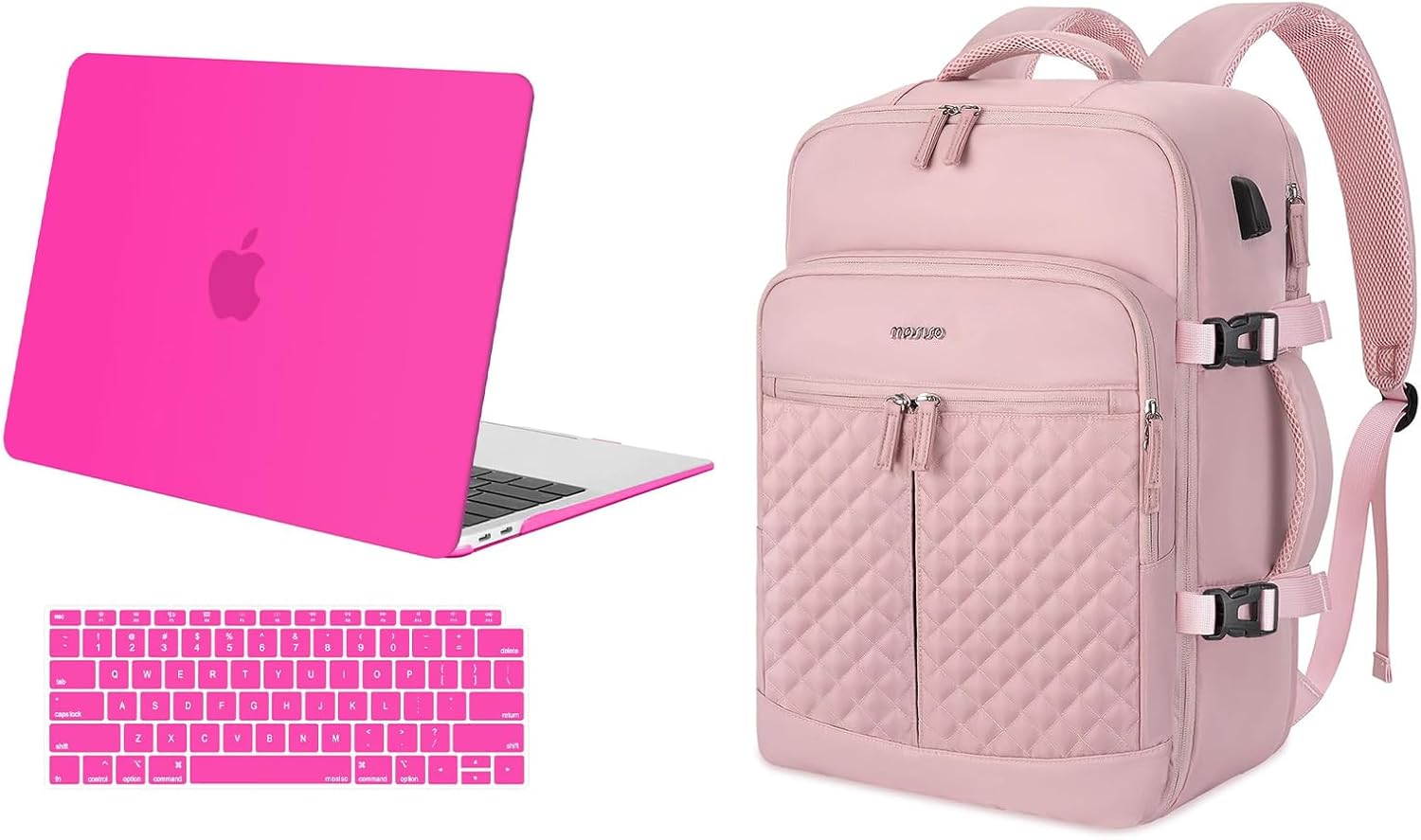 MOSISO 40L Rhombus Quilted Travel Backpack with Drawstring Bag&Compatible with MacBook Air 13 inch Case 2022-2018 A2337 M1 A2179 A1932 Touch ID, Hard Shell Cover&Keyboard Cover, Bright Rose&Pink
