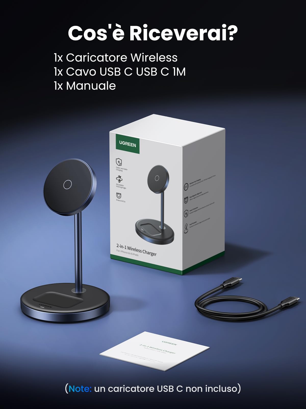UGREEN Zapix Caricatore Wireless MagSafe 2 in 1 Stazione di Ricarica Rapida | Compatibile con iPhone 17/16/15/14/13/12 Air Plus Pro Max AirPods 4/3/Pro/2/1, Supporto di Ricarica con Angolo Regolabile