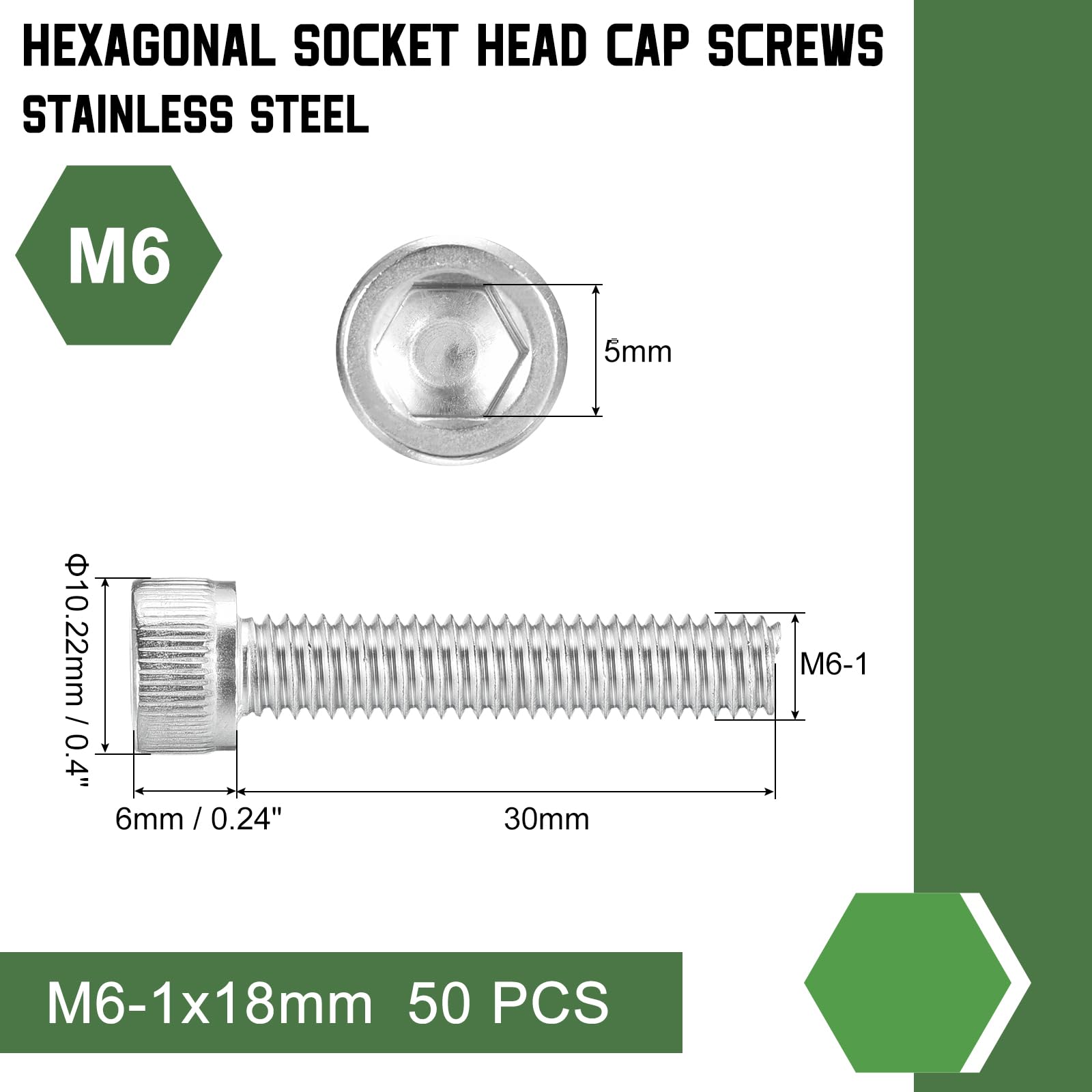 uxcell Hex Socket Bolts (M6-1x30), 304 Stainless Steel Hex Socket Drive Screw, Silver Tone, 50 Pcs, M6-1x30mm - Image 2