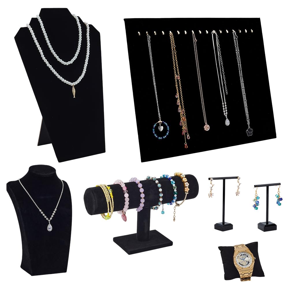 PH PandaHall Set di espositori per gioielli in velluto, 7 pezzi, nero, con barra a T, supporto per braccialetti, orecchini, espositori per orecchini, organizer per orologi, per la vendita di negozi e