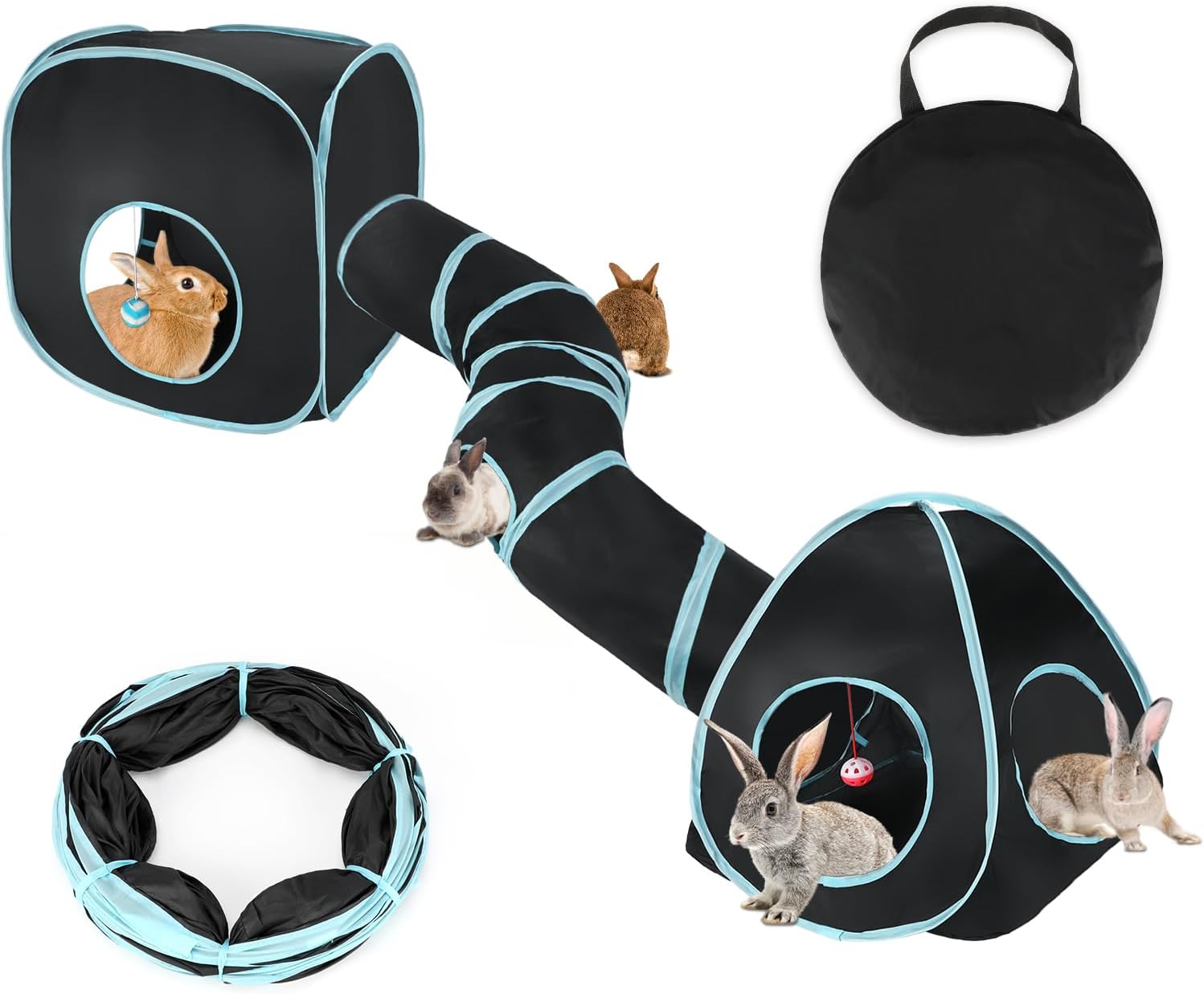 BWOGUE Bunny Tunnels & Tubes Collapsible Rabbit Hideout Tube and Foldable Cubes Playground Small Animal Activity Hideaway for Dwarf Rabbits Bunny Guinea Pigs Kitty (Blue Black)