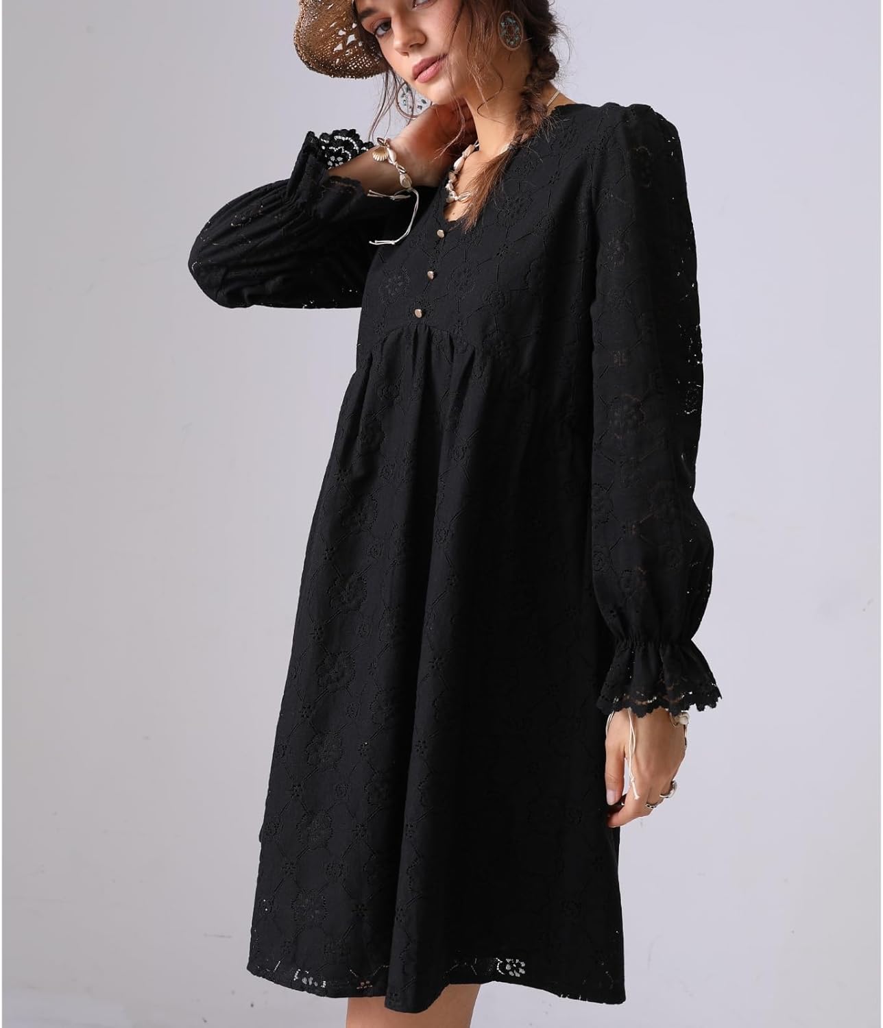 2025 Women Summer Short Dress V Neck Long Sleeve Floral Eyelet Lace Swing A Line Beach Vacation Sun Dress - Image 4