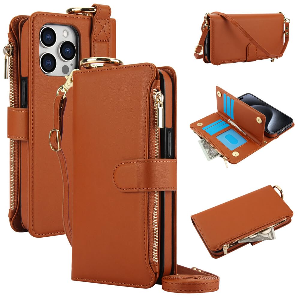 Generic - Funda con tapa para iPhone 17 Pro (color: marrón) con cremallera y correa para el hombro