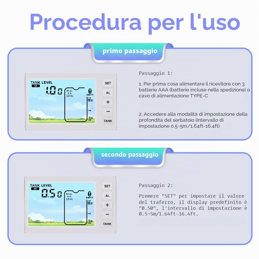 Indicatore di livello ultrasonico senza fili per serbatoi d'acqua con sensore di temperatura e visualizzazione del tempo
