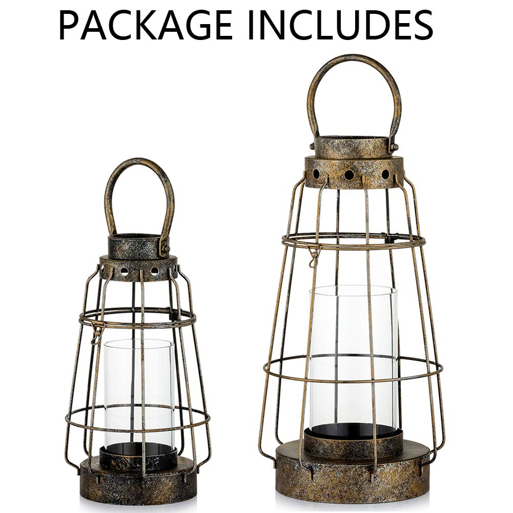 Nuptio Hurricane Candle Lantern Set, Hanging Candle Holder Rustic Farmhouse Style Lanterns Candleholder Indoor Outdoor for Vintage Wedding Birthday Party Garden Decoration, 2 Pcs
