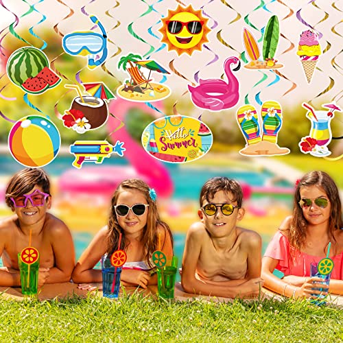 Image of Pajean 30 Pcs Summer Pool Party Hanging Swirls, Summer Ceiling Hanging Decor, Beach Hanging Swirl Decor for Kidss Kids Summer Beach Tropical Hawaiian Luau Birthday Party Favors Supplies