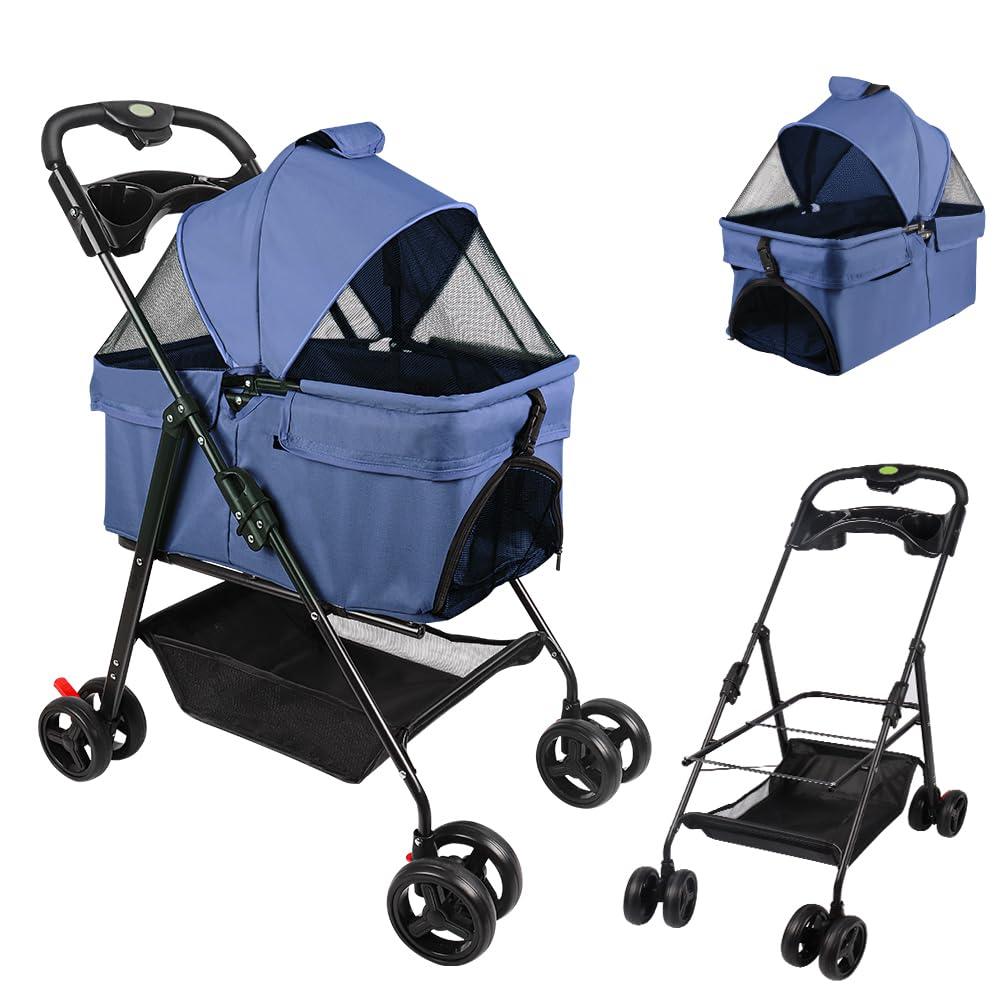 Passeggino pieghevole per animali domestici, passeggino pieghevole per animali domestici, 4 ruote per cani e gatti, cucciolo di piccole e medie dimensioni, fino a 20 kg-separabile - blu