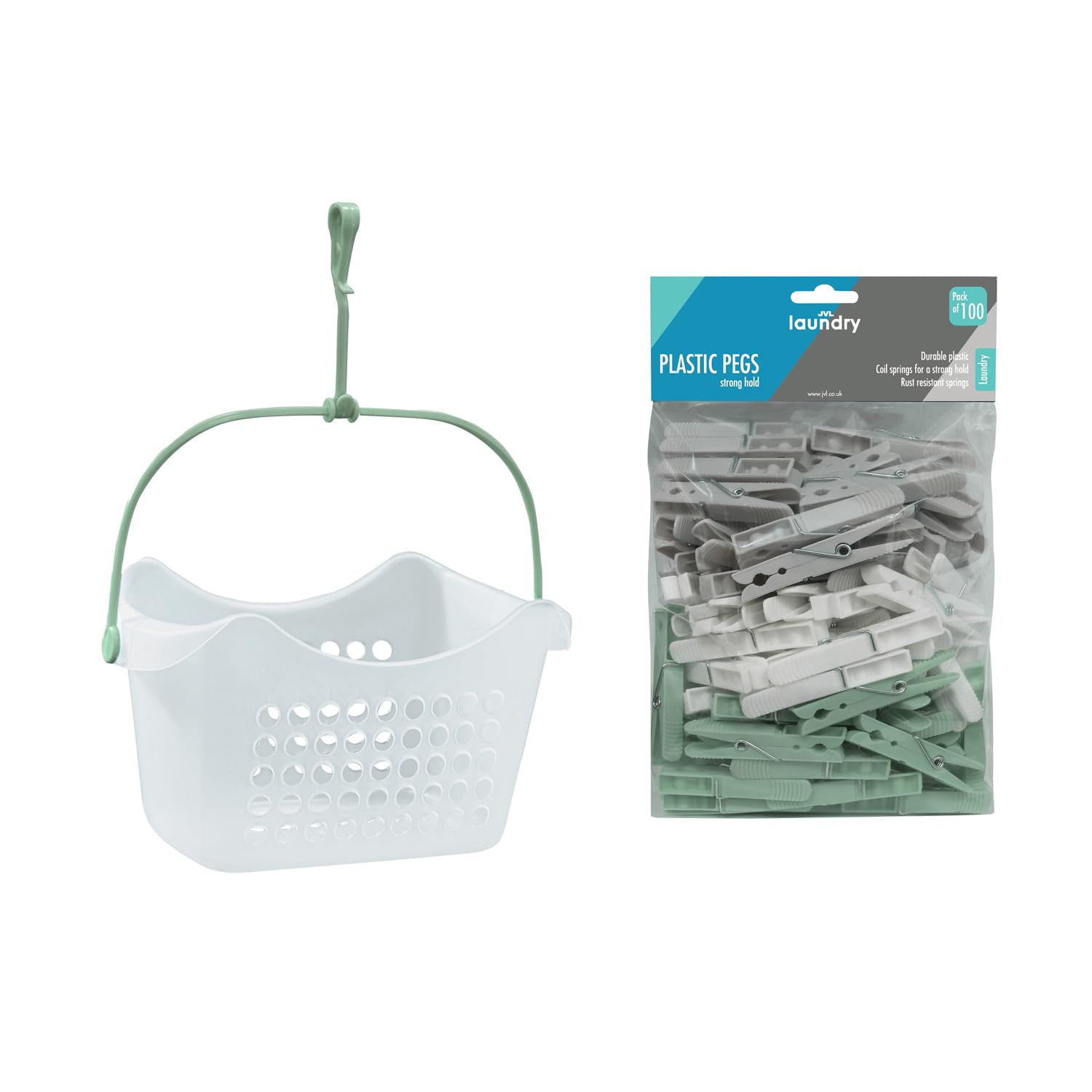 Jvl Assorted Peg Basket With 100 Plastic Clothes Pegs – Large Capacity Laundry Peg Holder – Colours