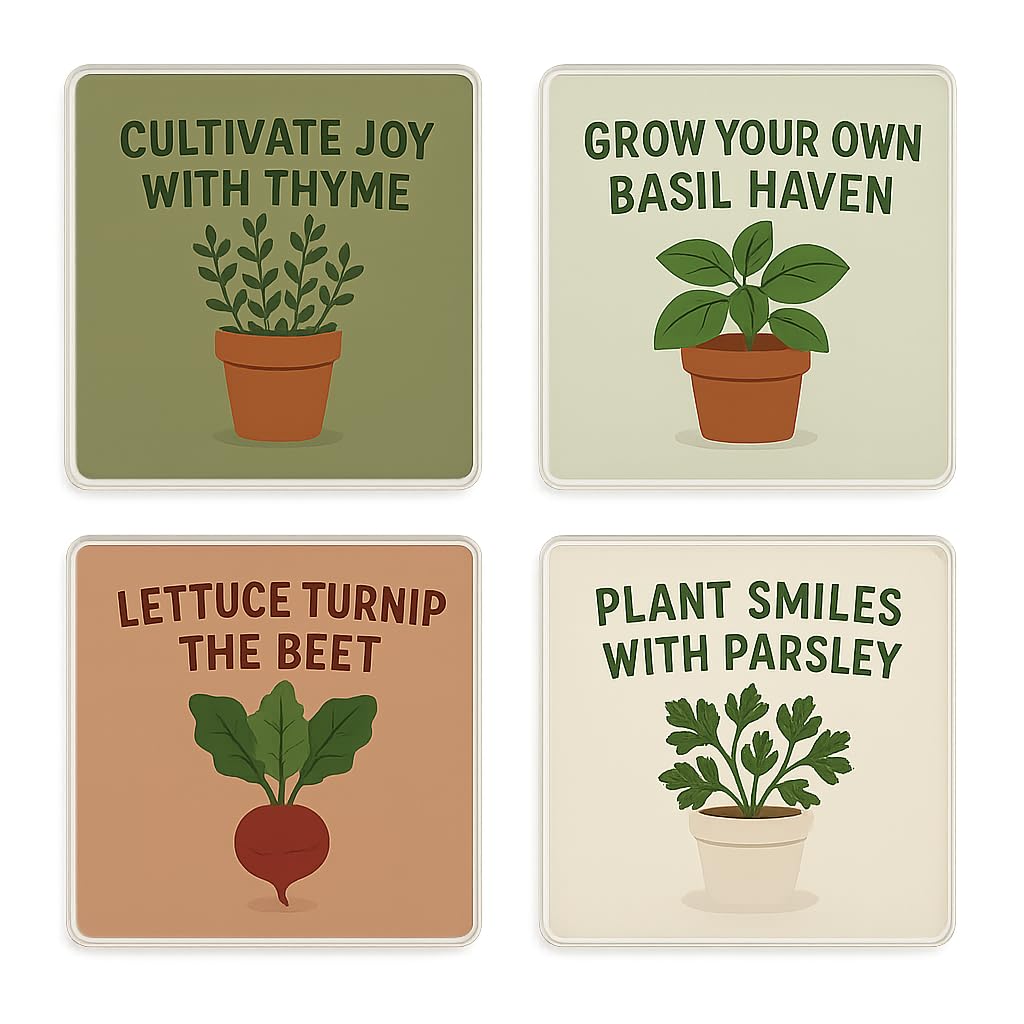The Plum Penguin Herb Haven Vibes Acrylic Coaster Gift Set Of 4 With Herb Garden Design - Delightful Gardening Décor For Green-Fingered Enthusiasts