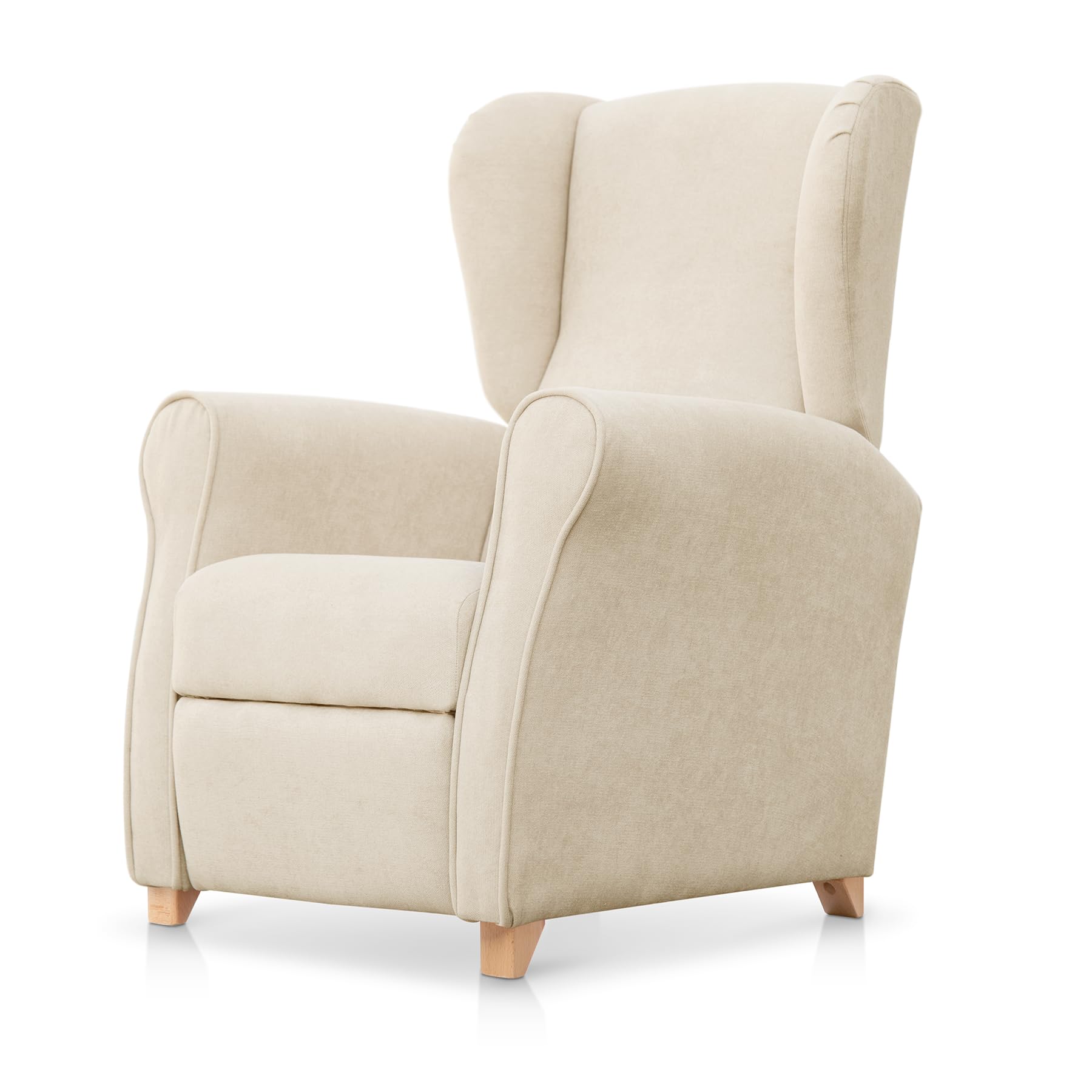 SUENOSZZZ-ESPECIALISTAS DEL DESCANSO Sillón Relax orejero Irene reclinable con Patas de Madera, Relax nórdico tapizado en Tela Antimanchas Beige