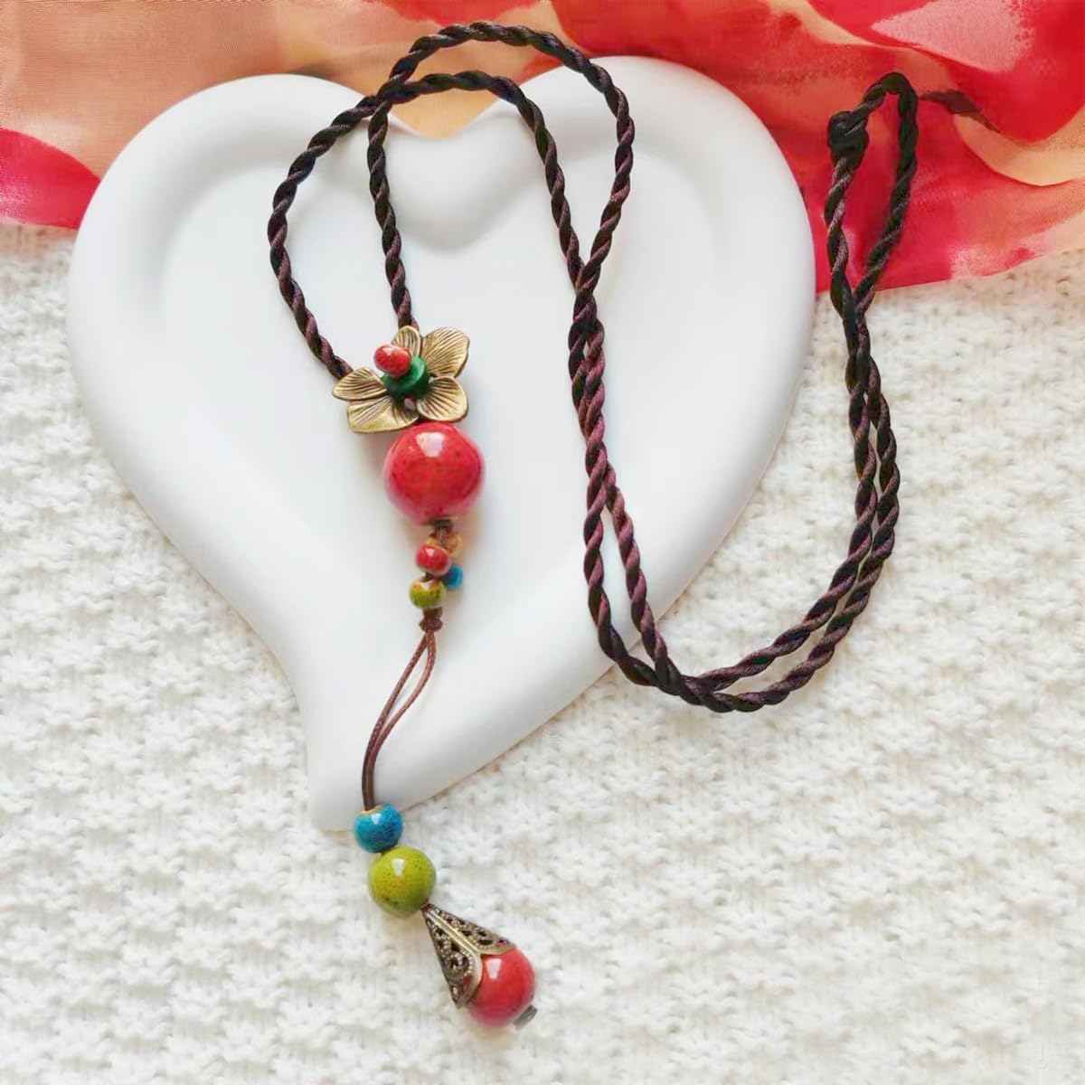 Hippie Boho Colorful Ceramic Round Beads Strand Necklace, Bohemian Long Bead Collar Necklace - Image 3