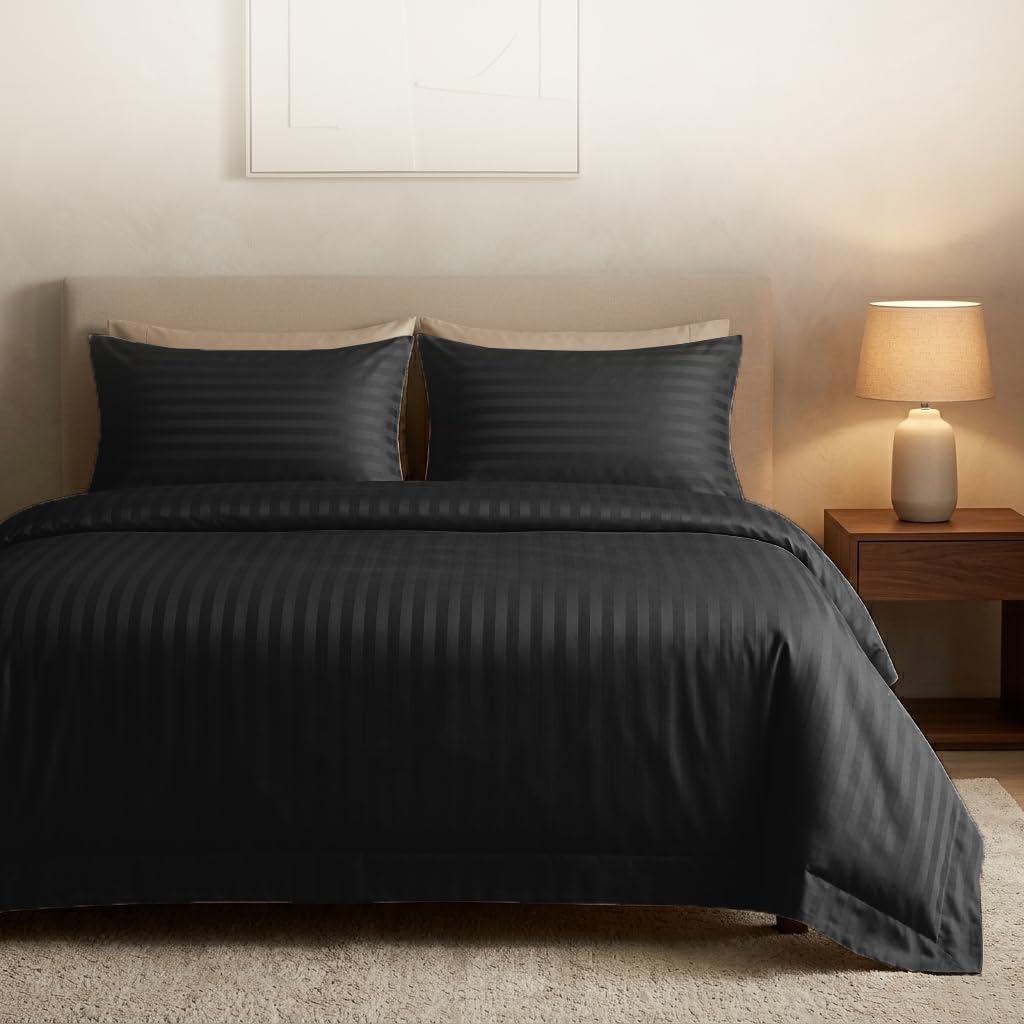 Casabella Black Satin Stripe Duvet Cover Sets, Luxurious Single Bedding With Stripes,Single Duvet Cover Set,Hotel Quality Single Duvet Set & Pillowcases, Satin Stripe Single Bedding Sets