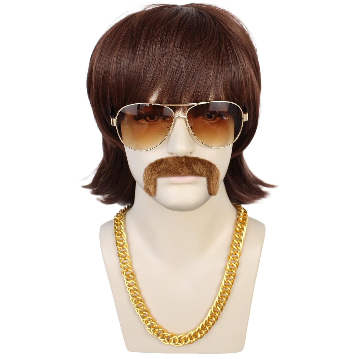 JoneTing 5 Set Mens Disco Flip Wig【+Chain+Mustache+Glasses +Cap】 Mens 70s 80s Disco Wig Short Dark Brown Disc Party Wigs for Men Short Brown Wavy Wigs 70s 80s Costume Hair Outfits