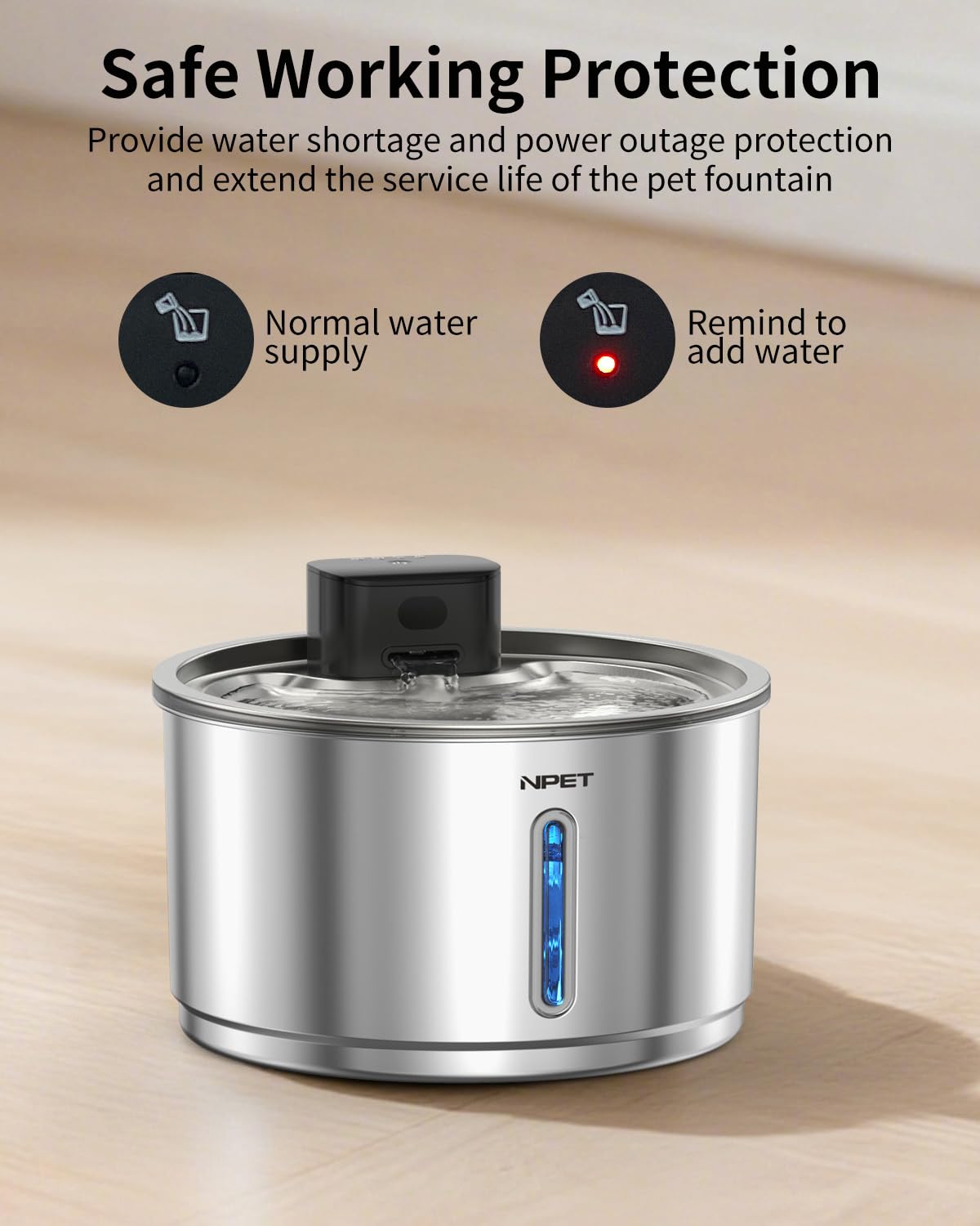 NPET Fuente inalámbrica de acero inoxidable para gatos, 1 galón/138 onzas, funciona con pilas, fuente automática para mascotas, dispensador de agua inalámbrico para perros con 8 filtros de repuesto