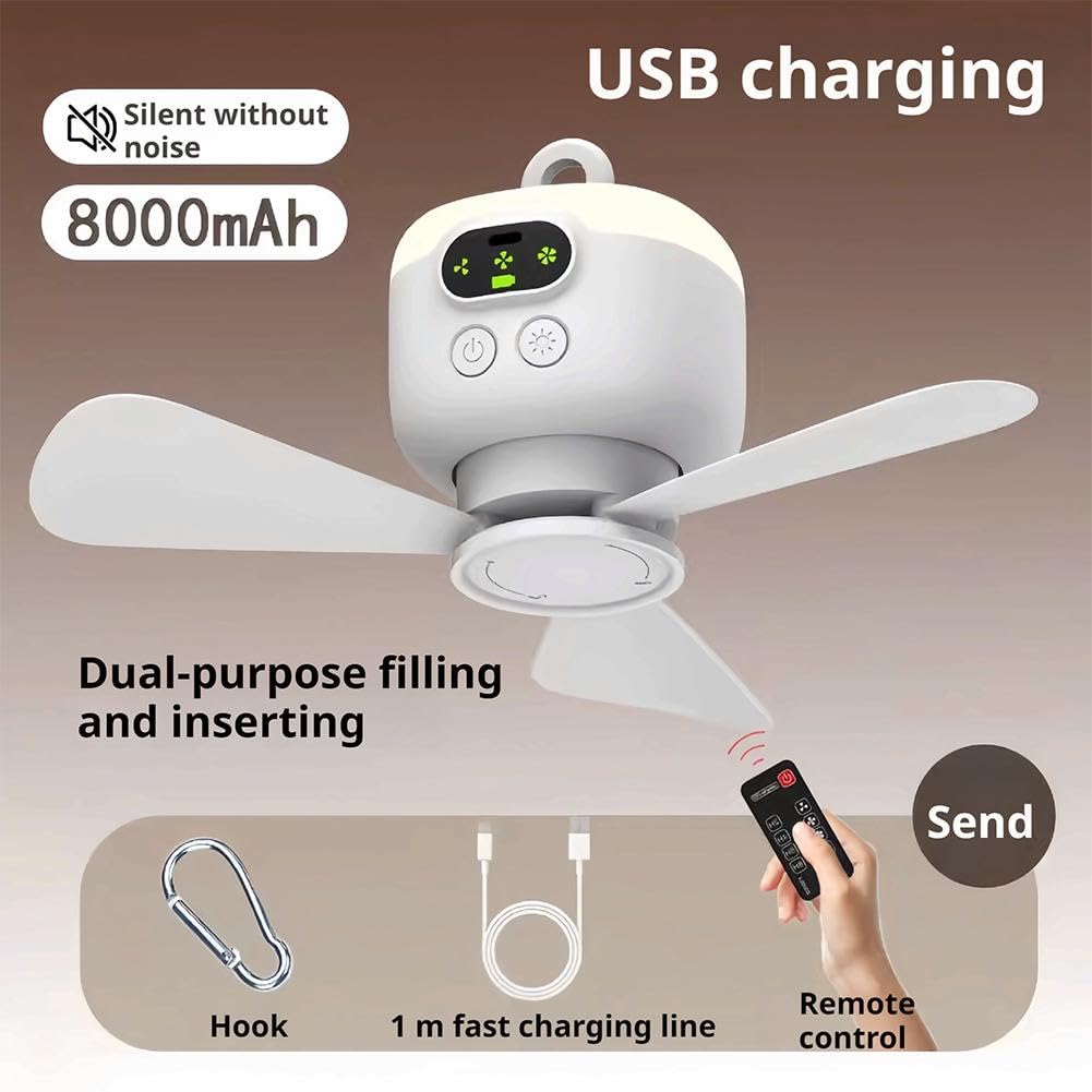 Ventilatore Da Campeggio Dpofirs Con Batteria 8000 MAh, Telecomando E Pale Rimovibili – Potente, Portatile, Con Gancio Per Tenda
