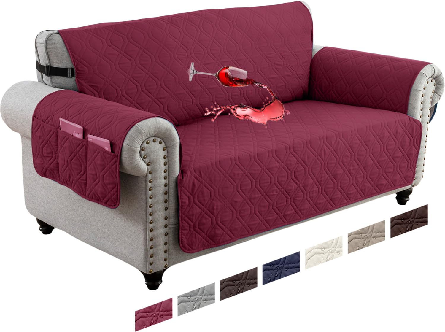 LINGKY Waterproof Sofa Cover 2 Seater Non-Slip Sofa Slipcovers, Reversible Washable Sofa Protectors from Pets & Kids with Elastic Straps Quilted Couch Covers (Wine Red,2 Seater)