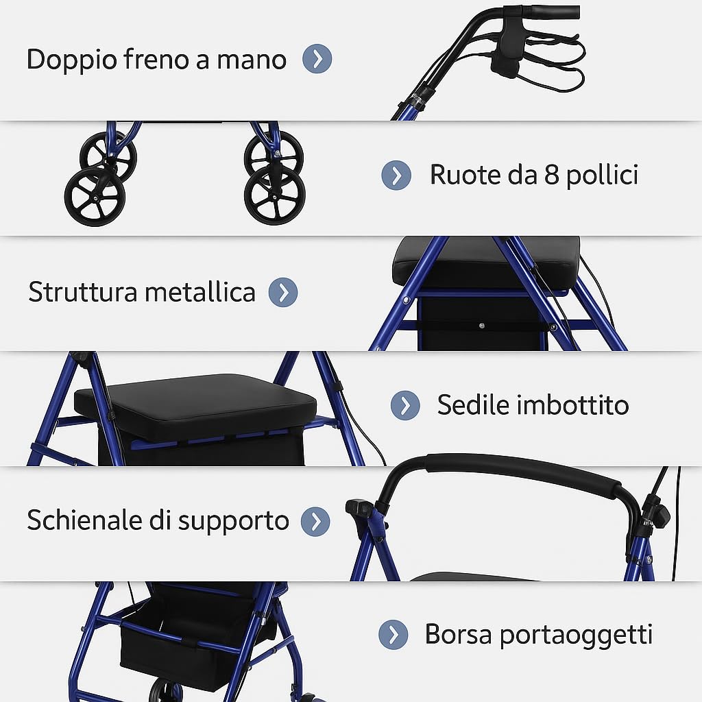 App Life Deambulatore per Anziani Leggero Pieghevole in Acciaio - Dispositivo Medico di Classe I - Regolazione Altezza - Sedile Imbottito Blu