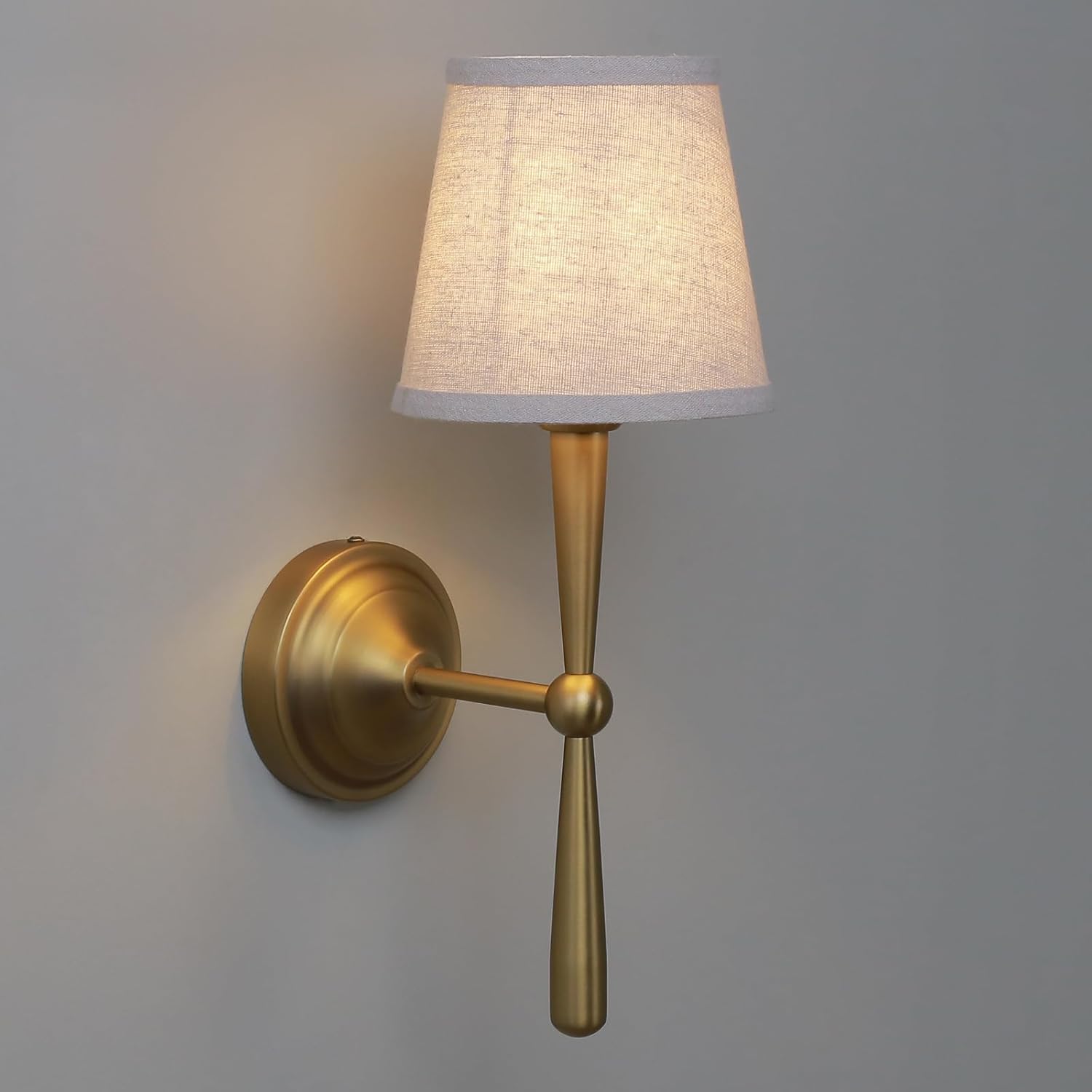 Sconce Wall Lighting with Boho Linen Fabric Shade, E26 Aged Brass Vanity Bathroom Wall Lamp, Hardwired Indoor Wall Light for Living Room Bedside Nightstand Light