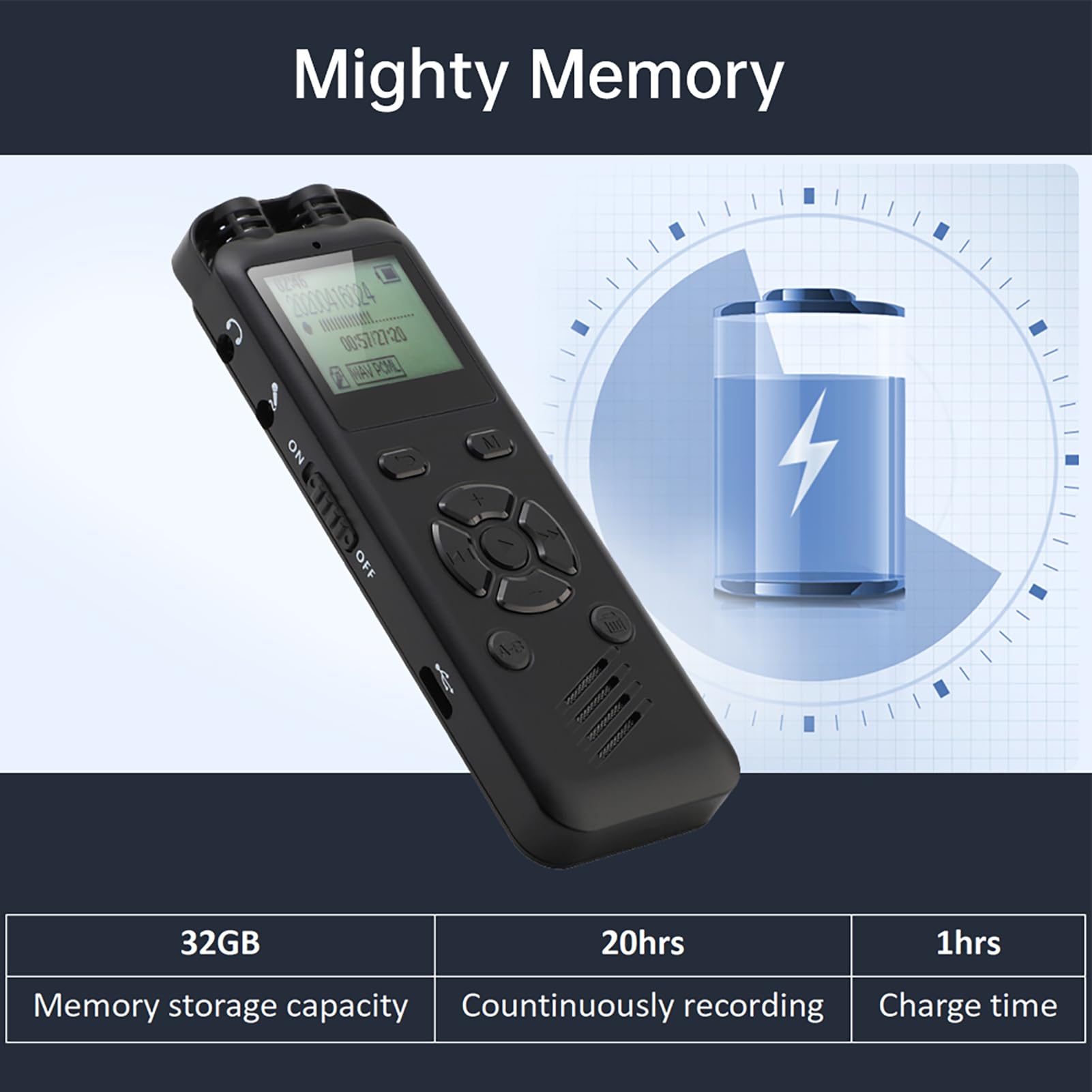 Enregistreur Vocal, Enregistreur avec 20 Heures d'Enregistrement Continu Enregistreur Audio de 8 Go pour Enregistrement Sonore Clair et Persistant (32GB)