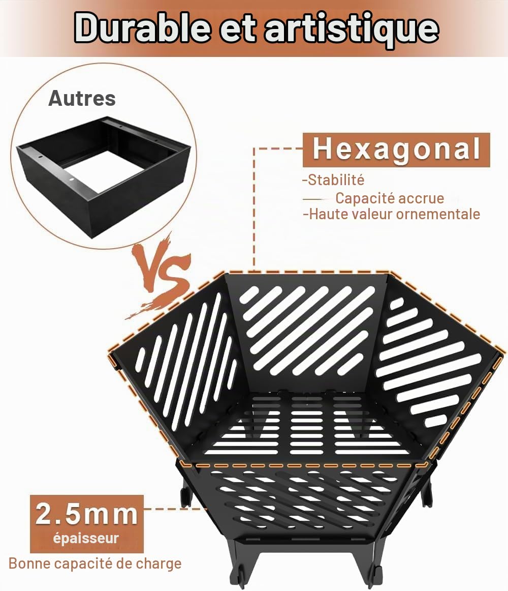 Artigarden Brasero portable à paroi épaisse de 57 cm pour camping, avec sac de voyage - Brasero pour terrasse, jardin, barbecue, feu de camp