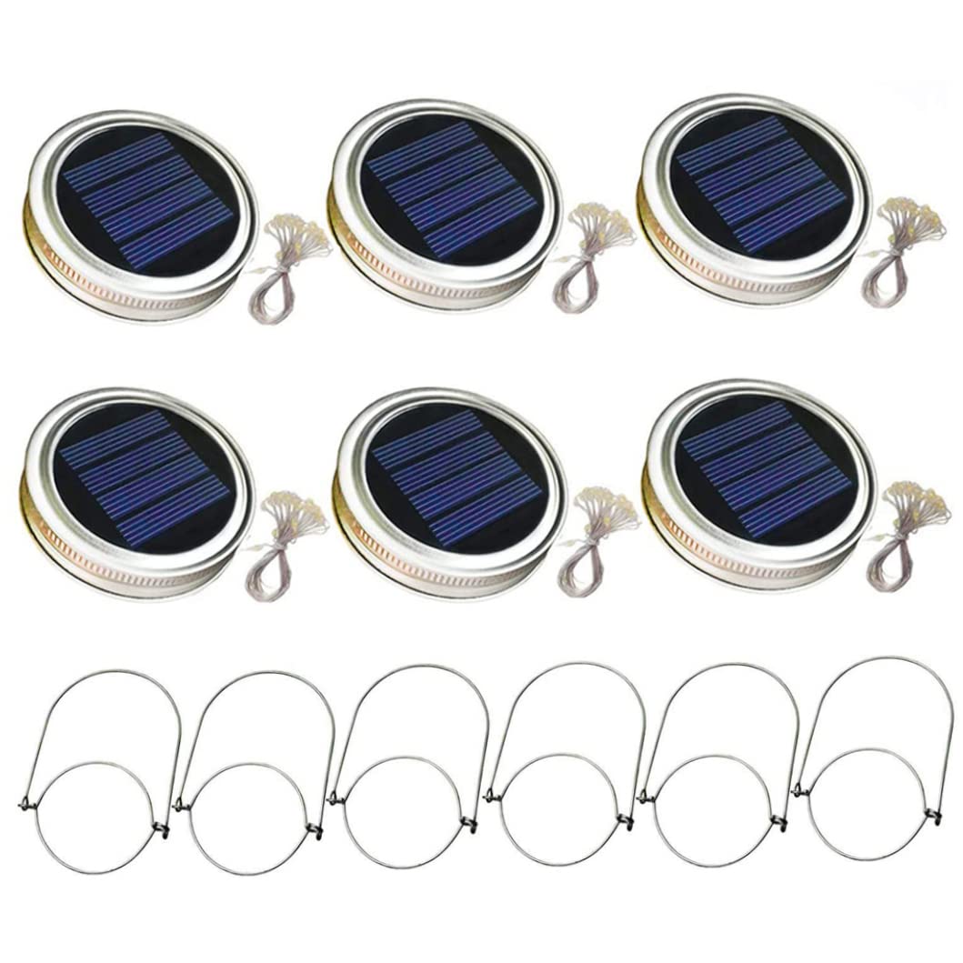 NIDONE 6PCS Hanging Jar Lights,Solar Mason Jar Lid Light with 2m String Lights Handle 20 LEDs Hanging Lantern Lamp for Garden Decoration White Light