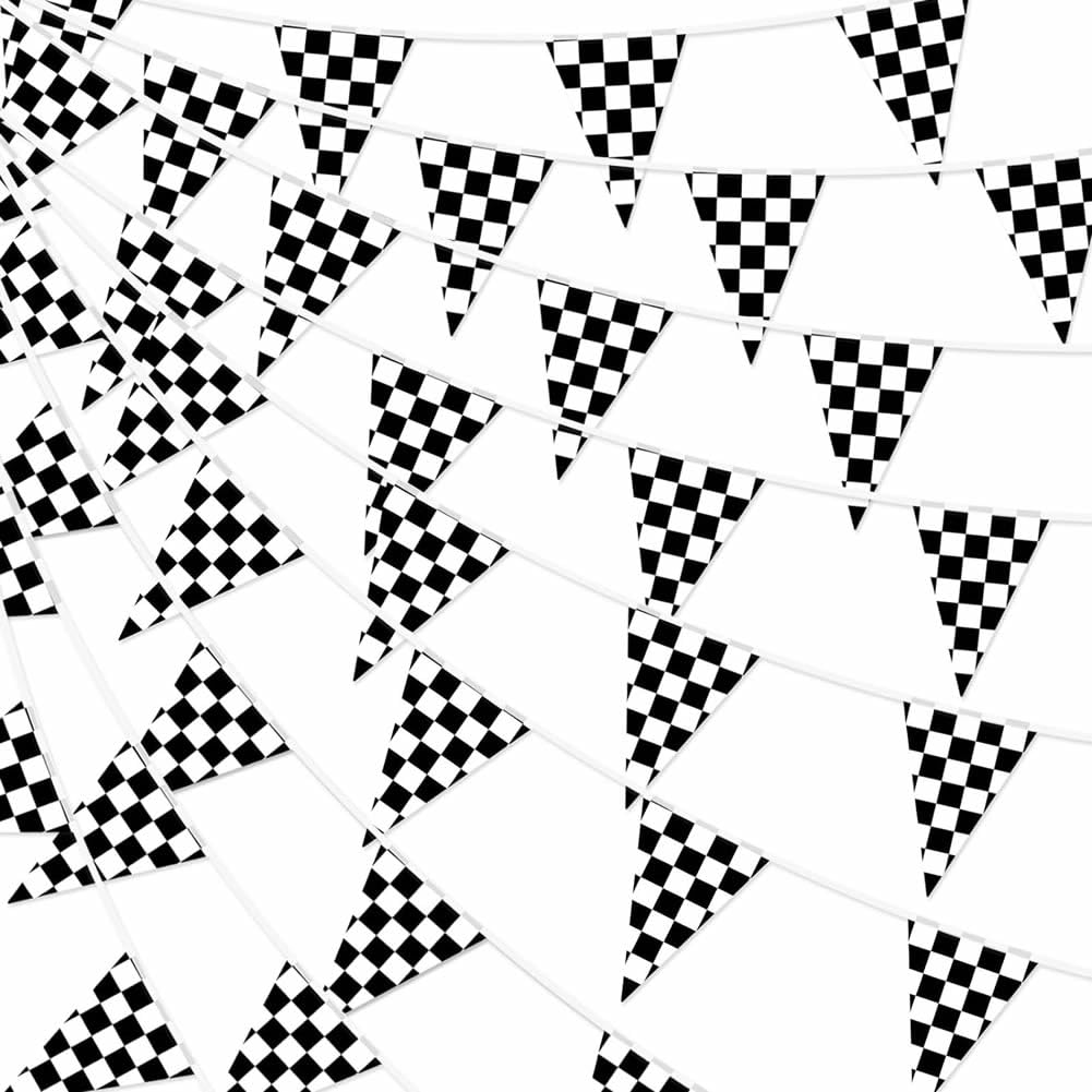 Nenluny 4 Pack Black and White Checkered Flags Banner Paper Checkered Pennant Garland for Racing Party Decorations Race Car Birthday Party Supplies