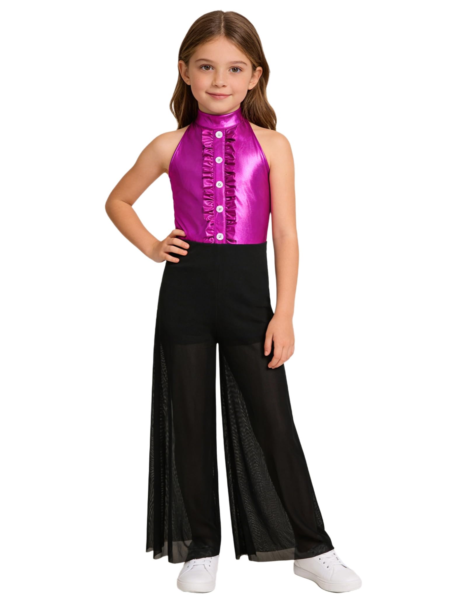 inlzdz Kids Girls Hip Hop Dance Outfits Retro 70s 80s Rock Disco Costume Flowy Mesh Overlay Pants Romper Hot Pink 13-14 Years