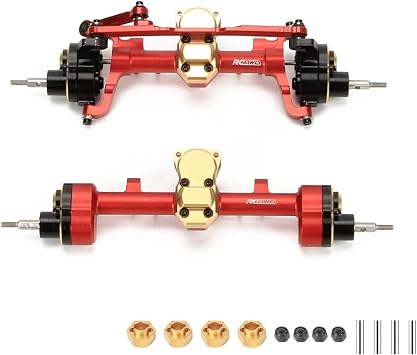 RCAWD Front and Rear Portal Axle Set for Axial SCX24 Upgrades Housing with Steel Gears& Brass Worm Gears& Brass Third Member Housing& Brass Hex, Aluminum Hop Ups Parts #AXI31609, AXI31610 Red
