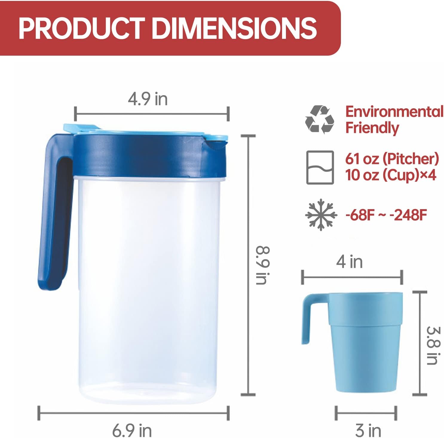 Plastic Water Pitcher Set with Lid, Iced Tea Pitcher with 4pcs Cups, 2 Quart/61 OZ Airtight Juice Pitcher Jug Pitcher for Hot/Cold Water (Blue)