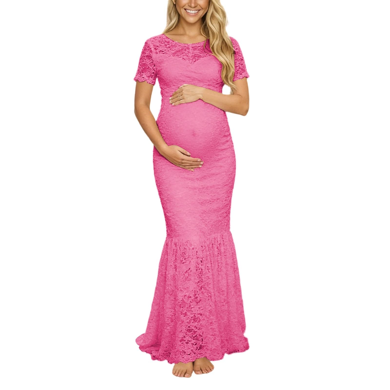 Elegante abito da sera premaman con scollo a V, maniche lunghe, pizzo trasparente, taglio attillato e lungo fino al pavimento, adatto per occasioni formali come matrimoni