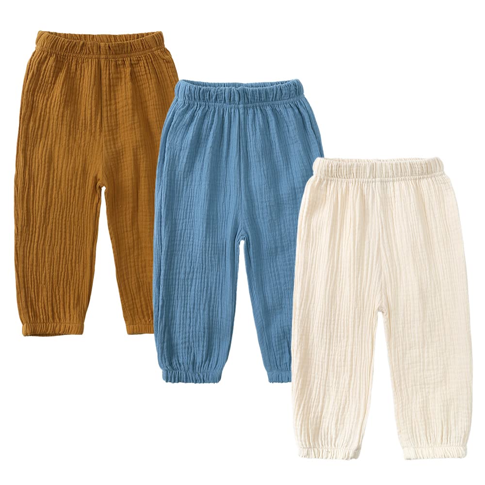 Kids Tales 3 Pack Boys Girls Cotton Linen Pants Child Basic Plain Solid Trousers Big Kids Elastic Waist Long Pants Bloomers