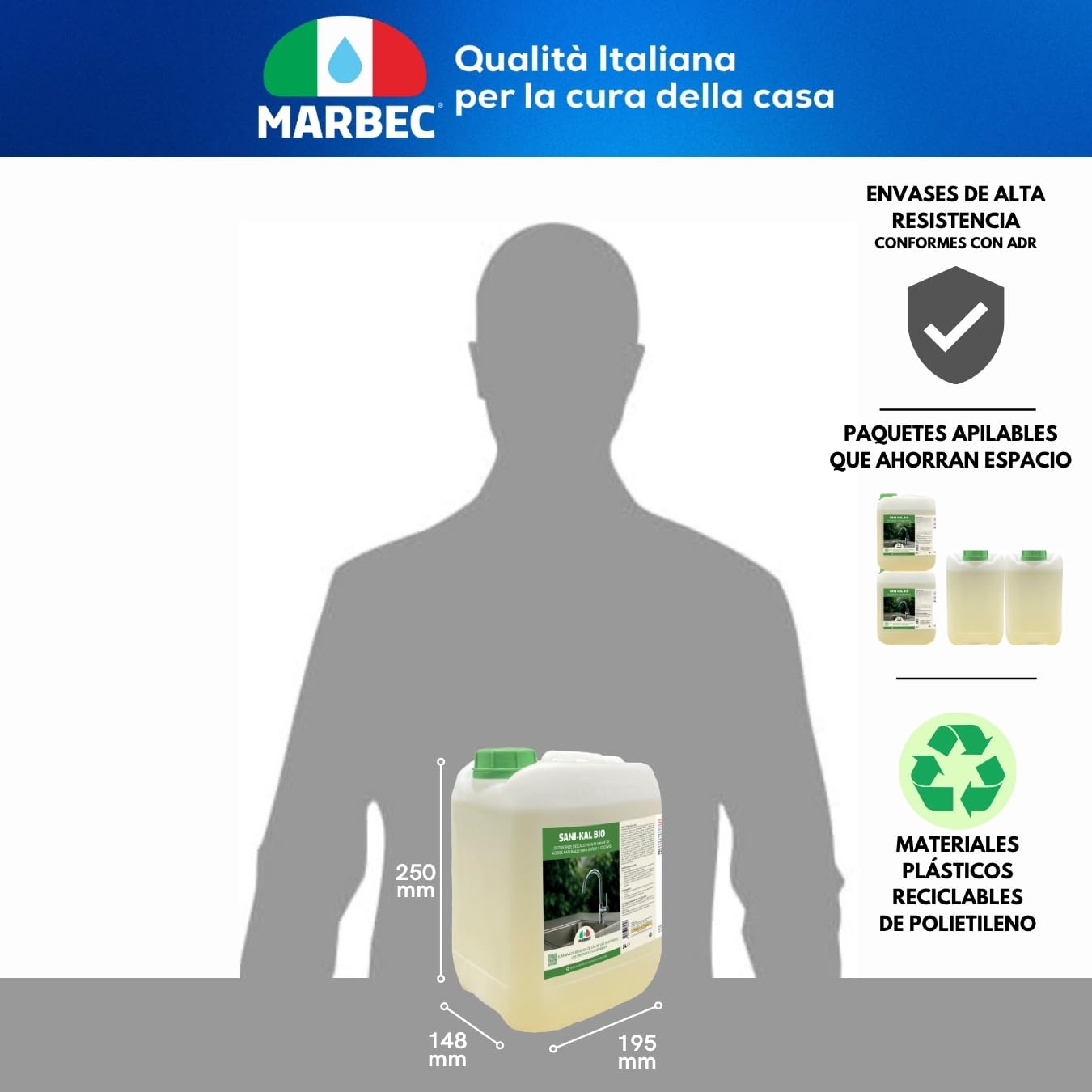MARBEC SANI-KAL BIO 5LTX4UDS Detergente antical para limpieza delicada diaria del baño, elimina cal y residuos.