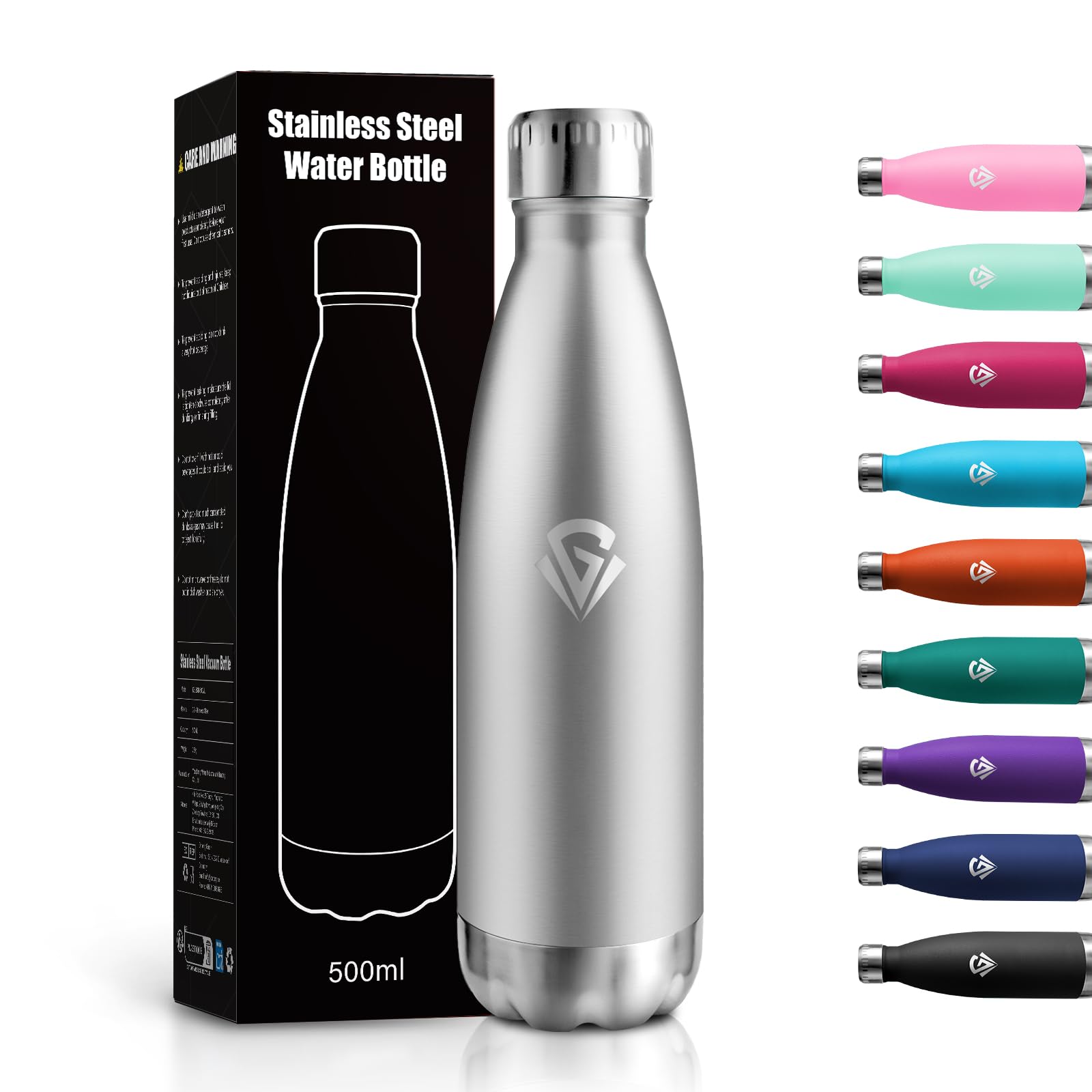 JAPORIA Insulated Water Bottle, 500 ml, Stainless Steel Water Bottle, Reusable Leakproof, BPA-Free Metal Bottle Double Walled for Sports, School, Office, Gym, Yoga, Camping, Hiking