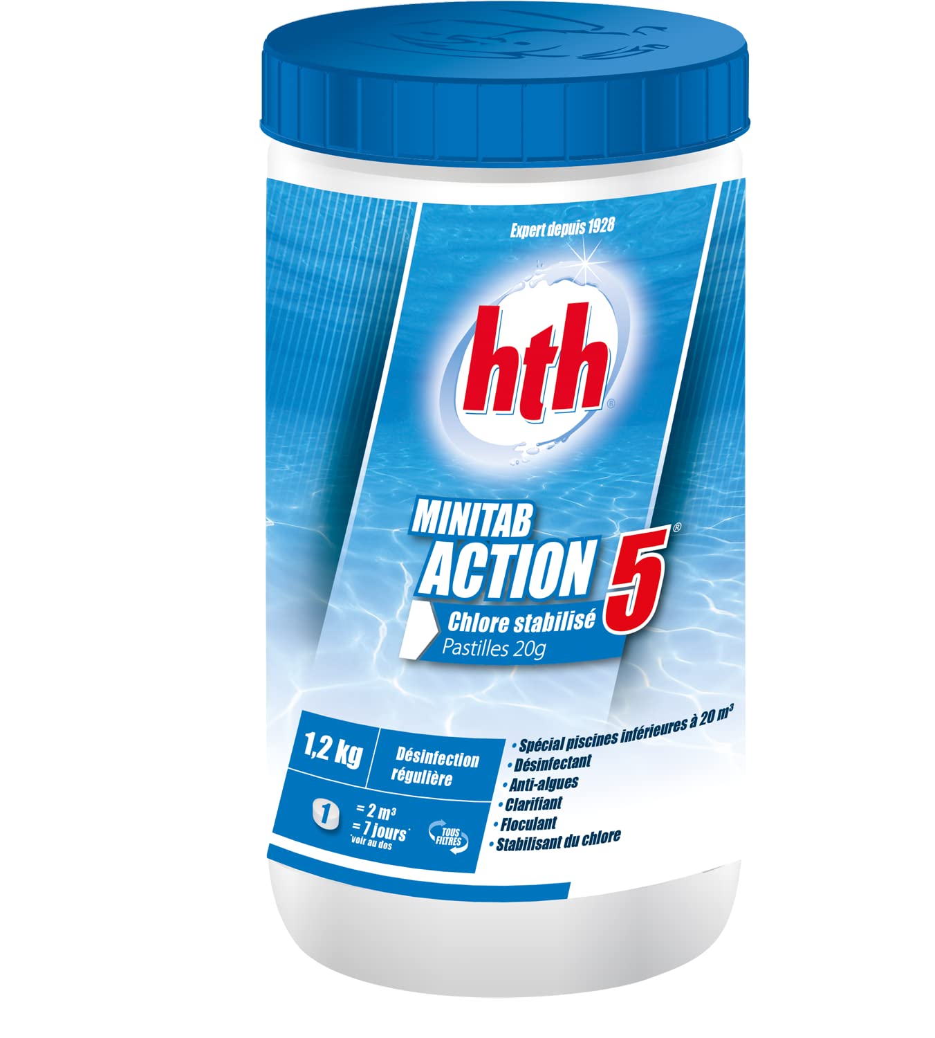 HTH MINITAB Action 5 Pastilles 20g - 1,2kg | Chlore Lent Stabilisé Multiaction - Désinfection Régulière Multifonction - Dissolution Lente + 10 Tests HPS OFFERTS 6 en 1