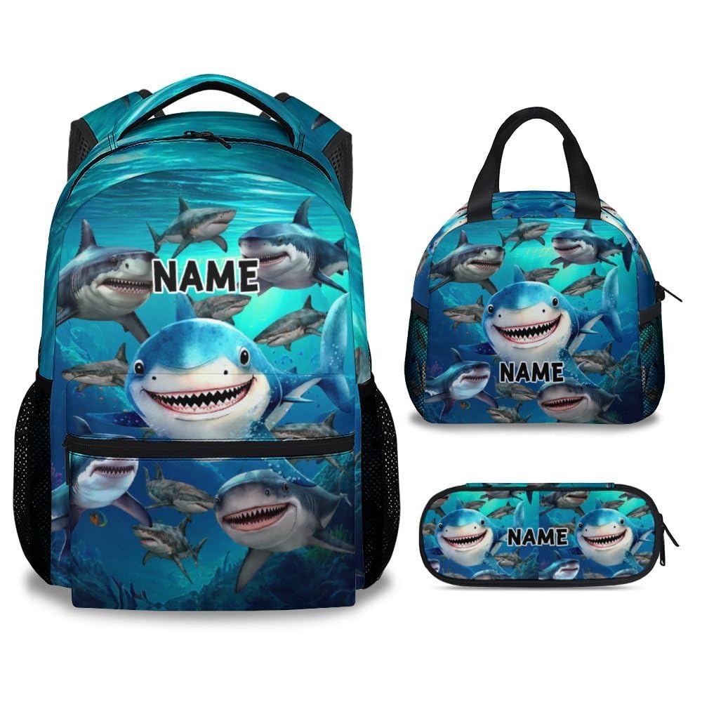 Sharecolor Custom Shark Backpack with Lunch Box, Set of 3 School Backpacks Matching Combo, Cute Blue Bookbag and Pencil Case Bundle